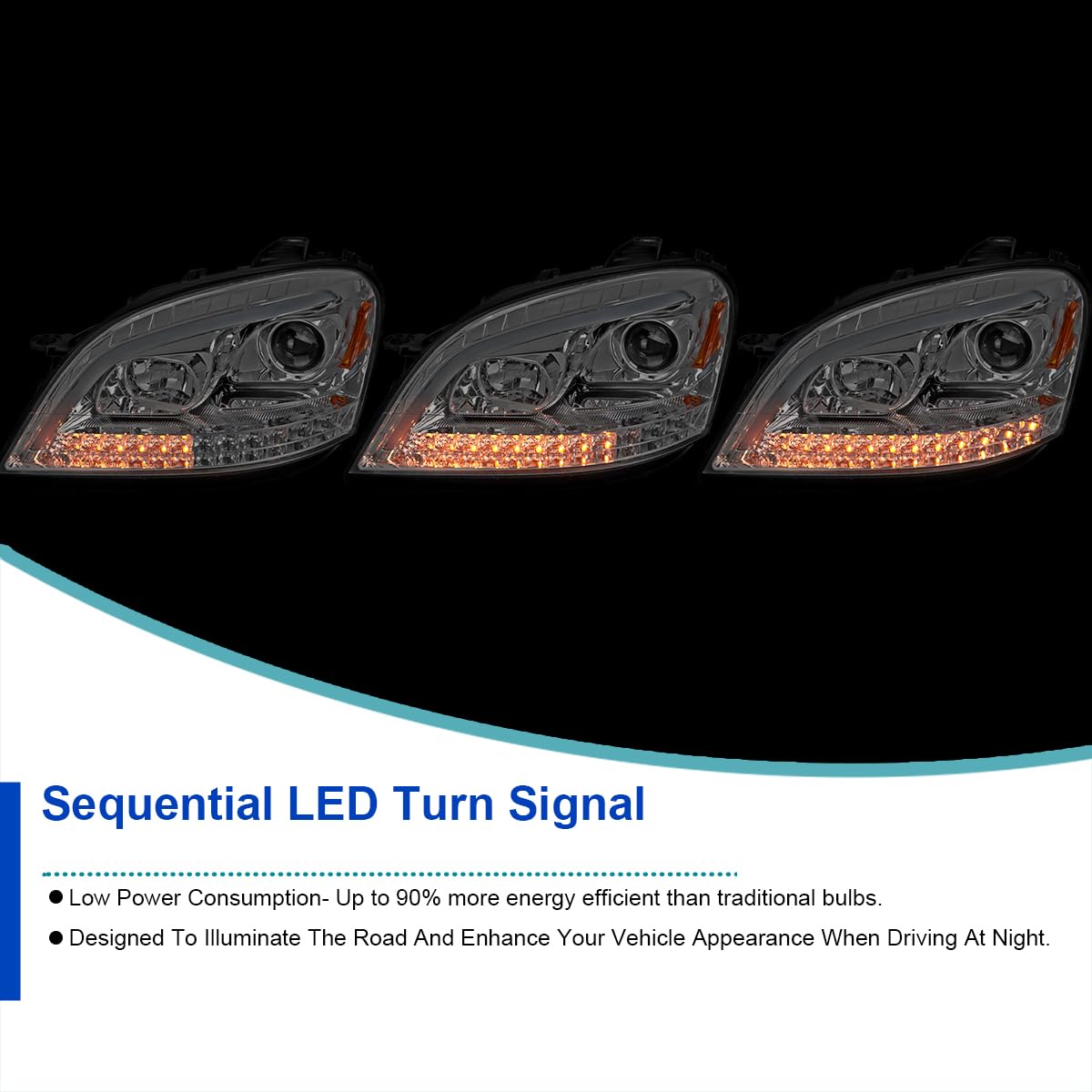 Chrome Projector Headlights w/LED Sequential Signal SPEC-D TUNING Compatible with 2006-2008 Mercedes Benz W164 ML350 ML500 ML-Class, Left + Right Pair Headlamps Assembly