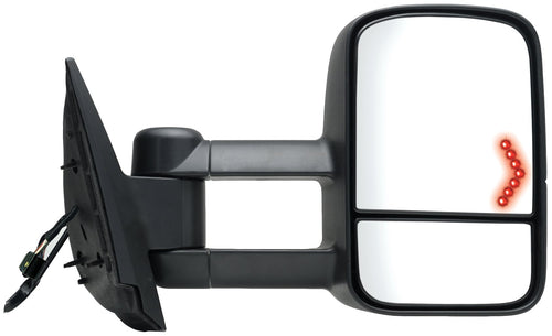 K Source Extendable Passenger Side Towing Mirror For 2007 - 2014 Avalanche, Silverado/Sierra Pick-Up/Hybrid Full Size, Suburban, Tahoe, Yukon. Textured Black, Heated Power, LED Arrow Signal, Dual Lens, Foldaway