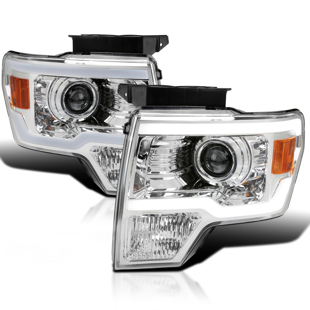 Chrome Projector Headlights w/LED Strips SPEC-D TUNING Compatible with 2009-2014 Ford F-150, Left + Right Pair Headlamps Assembly