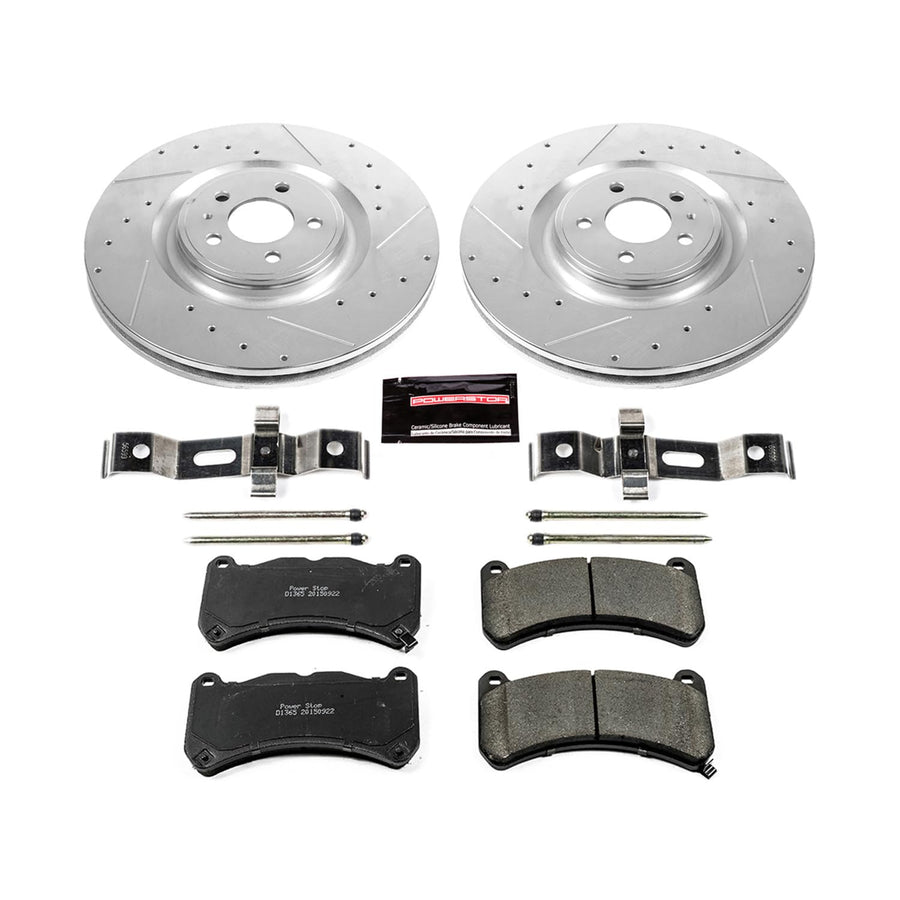 Power Stop K6400 Z23 Carbon Fiber Brake Pads with Drilled & Slotted Brake Rotors Kit For Ford Mustang 2013-2014 [Model Specific]
