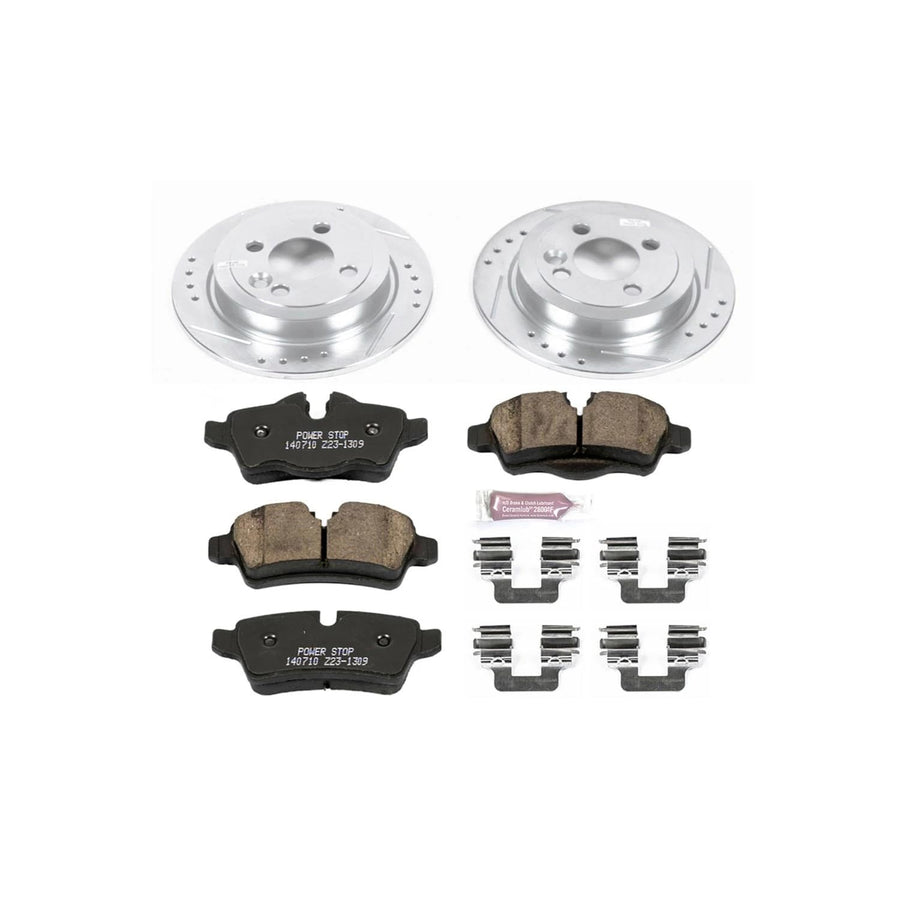 Rear Power Stop K6331 Z23 Carbon Fiber Brake Pads with Drilled & Slotted Brake Rotors Kit and 1 Rear Sensor Wire For Mini Cooper 2011-2015 [Model Specific]