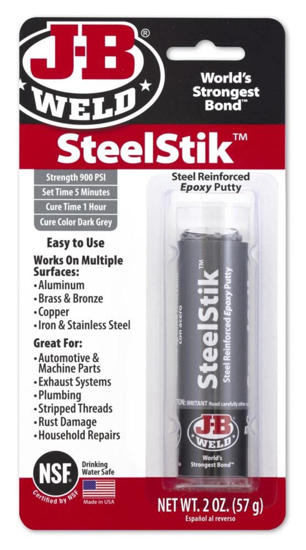 SteelStik J-B Weld 8267-S Steel Reinforced Epoxy Putty Stick - 2 oz