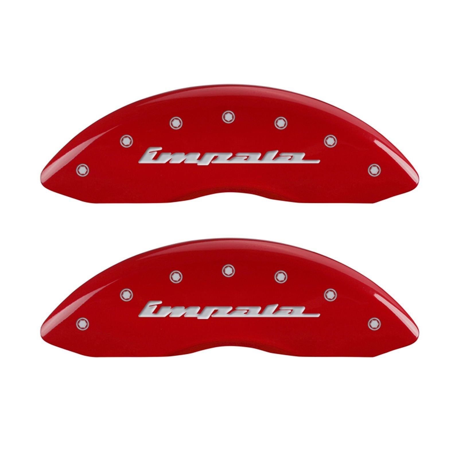 MGP Caliper Covers 'IMPALA' 14006SIMPRD Engraved Caliper Cover with Red Powder Coat Finish and Silver Characters, (Set of 4)
