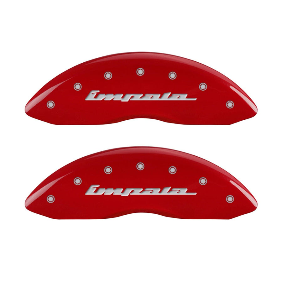 MGP Caliper Covers 'IMPALA' 14006SIMPRD Engraved Caliper Cover with Red Powder Coat Finish and Silver Characters, (Set of 4)