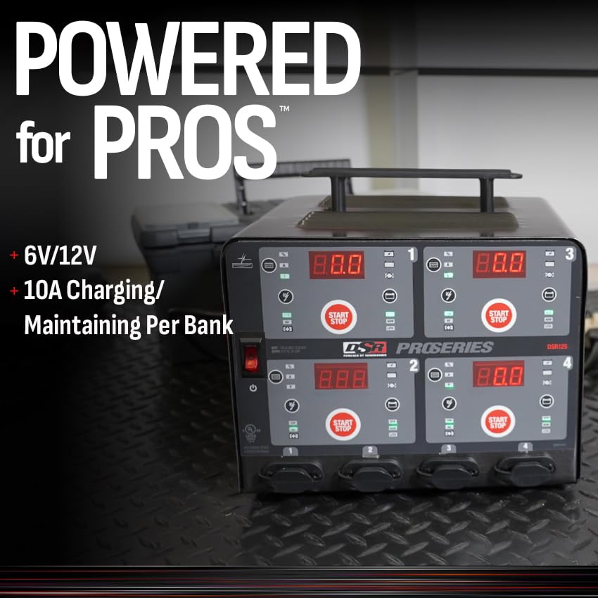 DSR Pro Heavy-Duty Schumacher Electric 4-Bank Automatic 10A Car Battery Charger and Maintainer, Charging Station, Professional Grade, for 6V/12V Automotive and Marine Batteries, DSR125