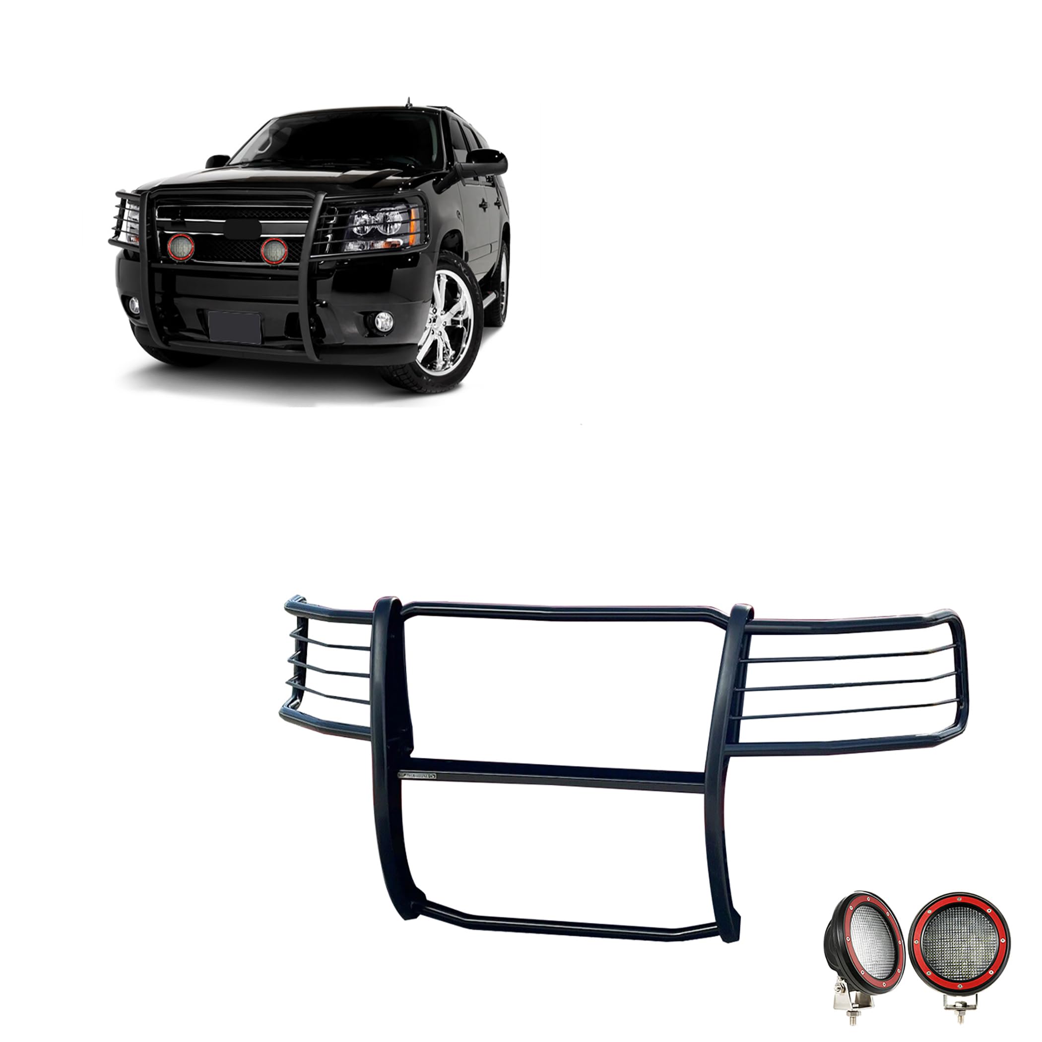 Grille Brush Black Horse Bumper Guard Modular Black Come with Pair of 5.3" LED Lights with Red Trim Rings Compatible with 2007-2013 Avalanche|2007-2014 Suburban 1500/Tahoe-17A037400MA-PLFR