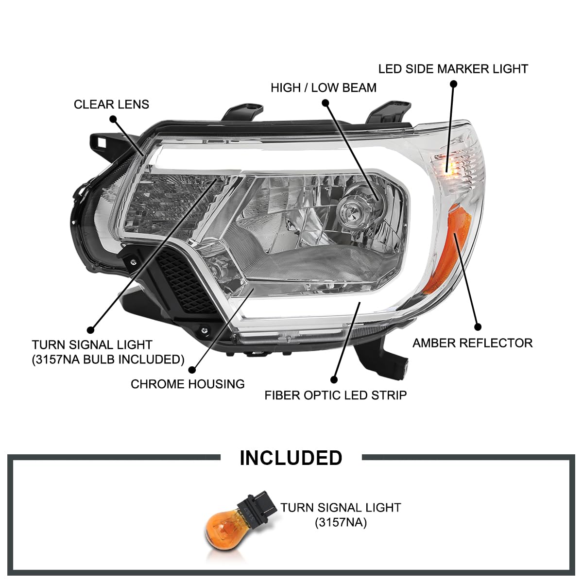 Chrome Headlights w/LED Strip SPEC-D TUNING Compatible with 2012-2015 Toyota Tacoma, Left + Right Pair Headlamp Assembly