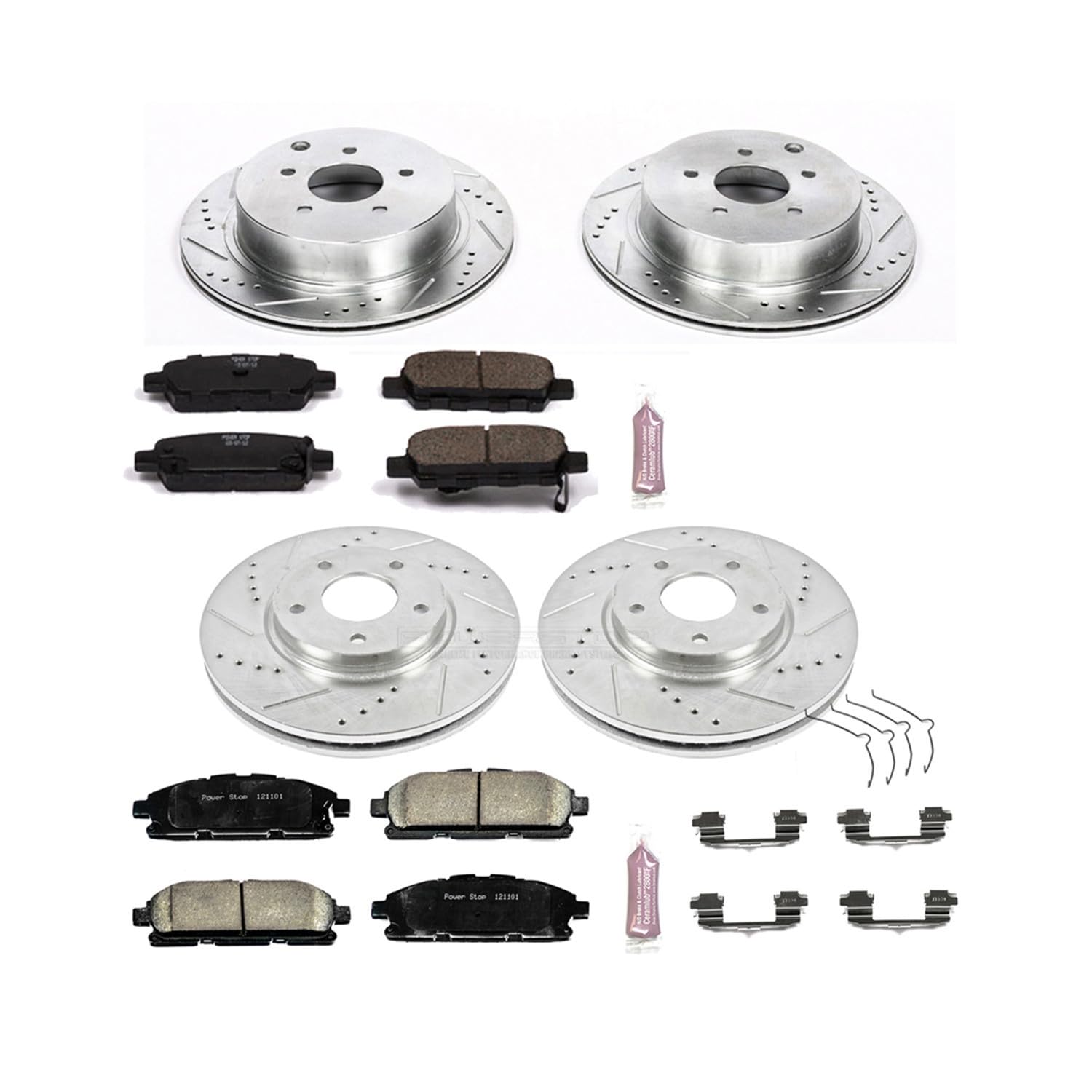 Power Stop K6361 Z23 Carbon Fiber Brake Pads Front and Rear with Drilled & Slotted Brake Rotors Kit For Nissan Quest 2011-2017 [Model Specific]