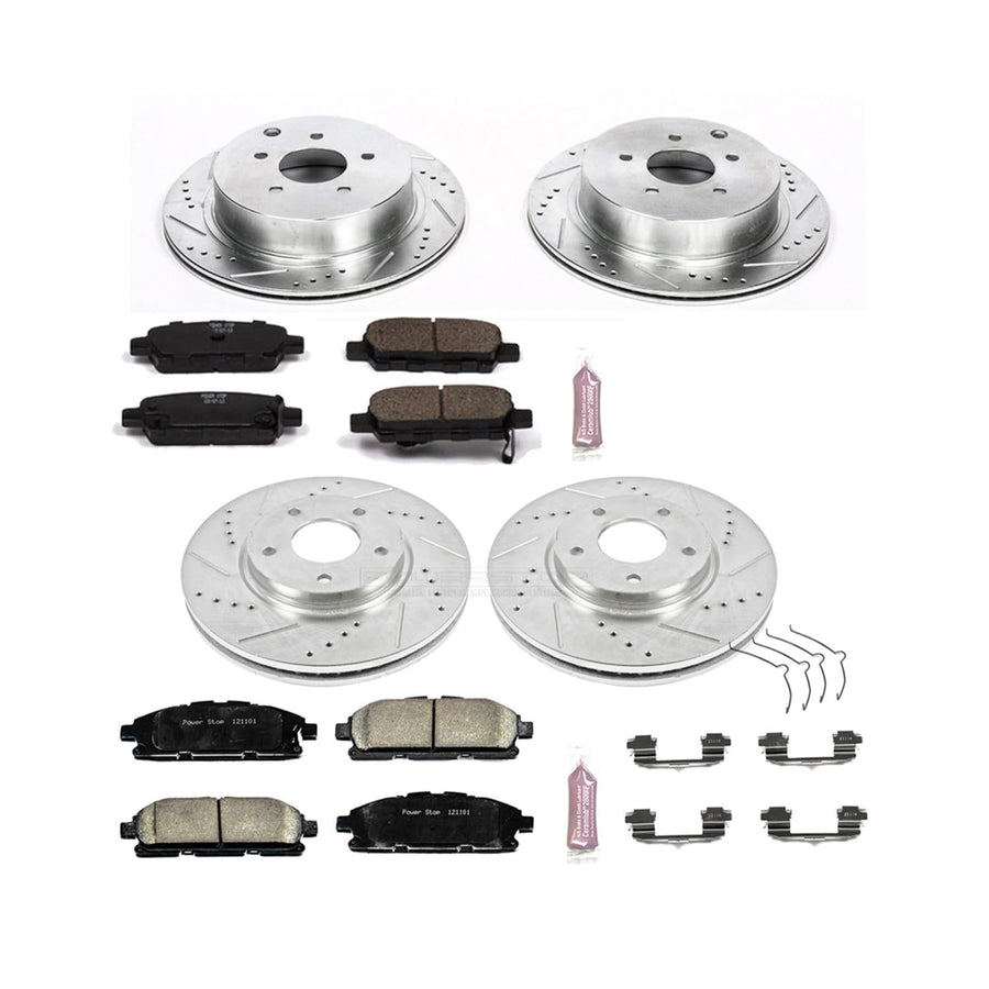 Power Stop K6361 Z23 Carbon Fiber Brake Pads Front and Rear with Drilled & Slotted Brake Rotors Kit For Nissan Quest 2011-2017 [Model Specific]