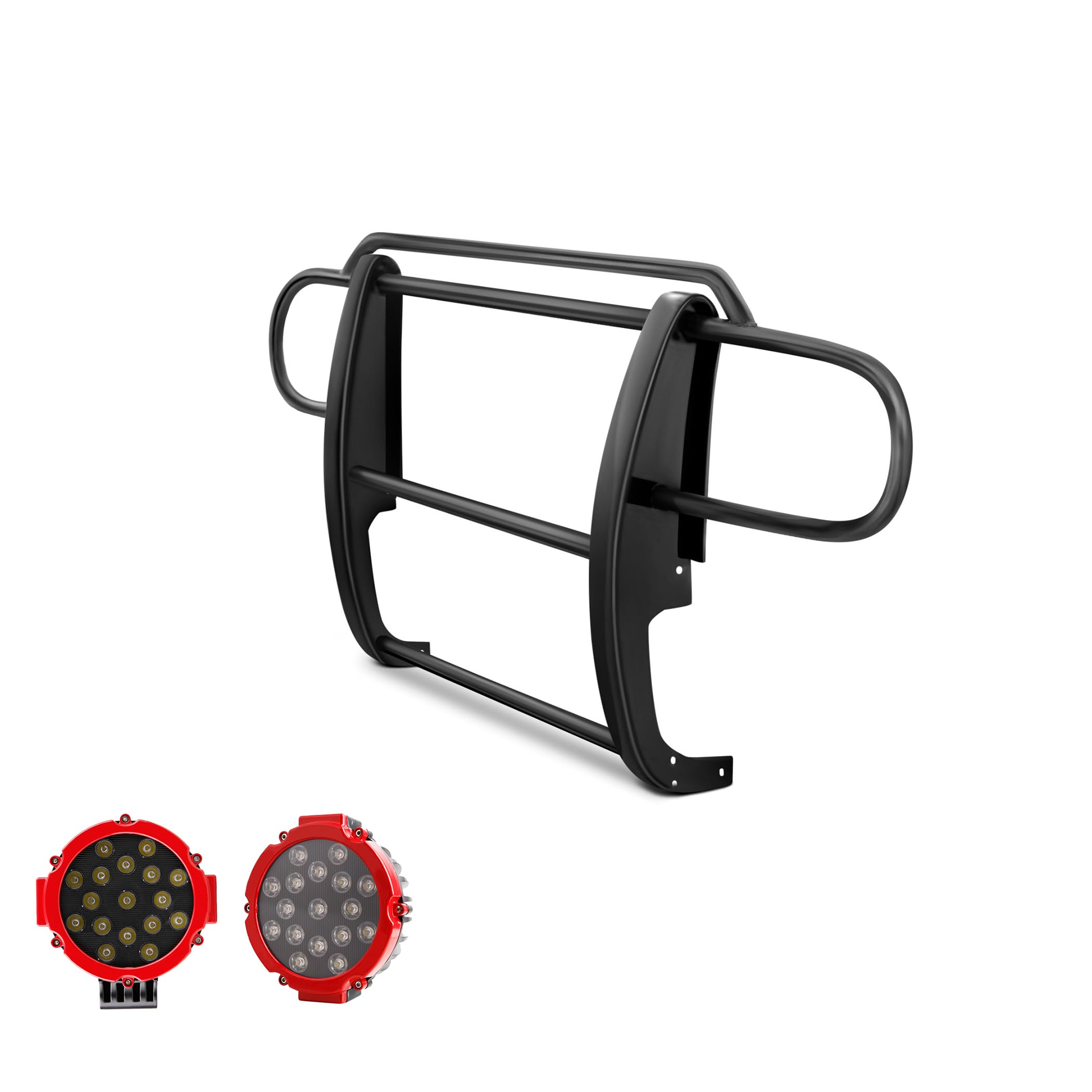 Grille Brush Black Horse Bumper Guard Modular Black Come with Pair of 7.0" Dia.LED Lights with Red Trim Rings Compatible with 2007-2018 Jeep Wrangler JK-17JPWRMA-PLR