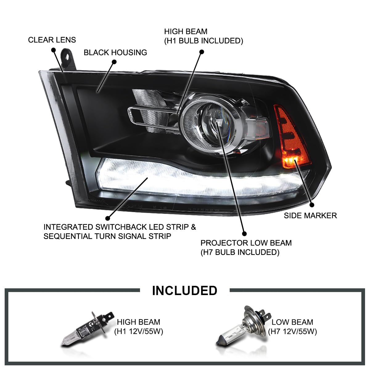 Black SPEC-D TUNING Projector Headlights + Sequential Switchback LED Signal Strip Compatible with 2009-18 Dodge RAM 1500/2500/3500, 2019-24 Dodge RAM 1500 Left + Right Pair Headlamps Assembly