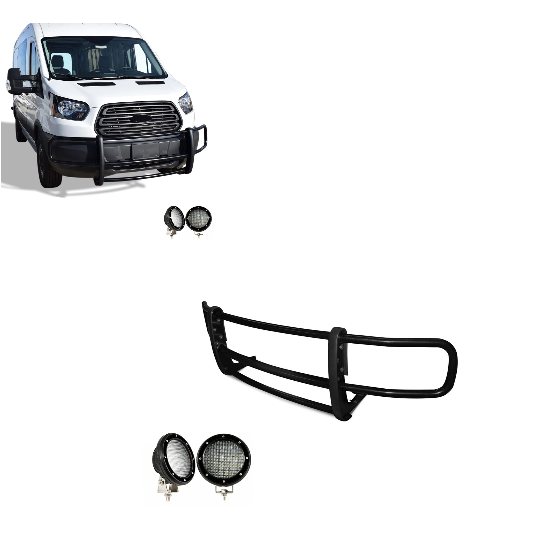 SPARTAN Black Horse Grille brush Bumper Guard Modular Come with Pair of 5.3"LED Lights with Black Trim Rings Compatible with 2015-2019 Ford Transit-150/Transit-250/Transit-350-17FOTRMA-PLFB