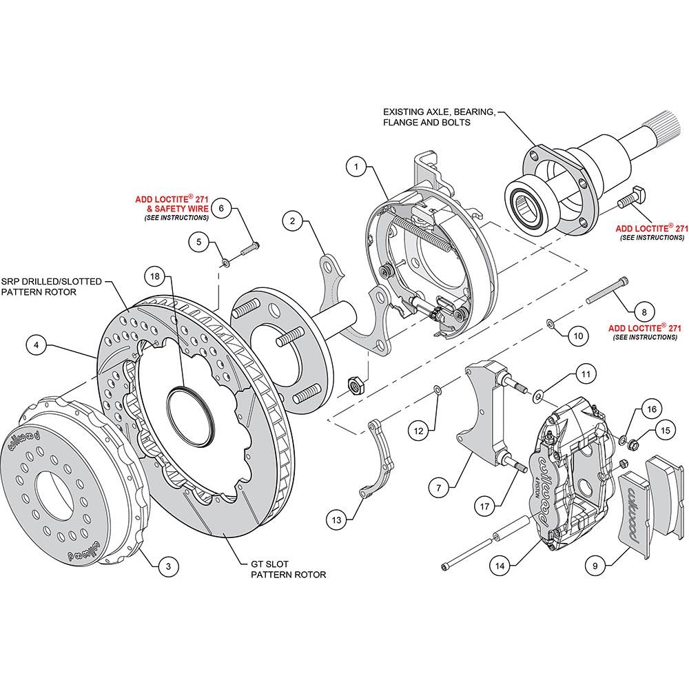 Rear P-Brk Kit, FNSL4R, 12.88", Drilled, Red
