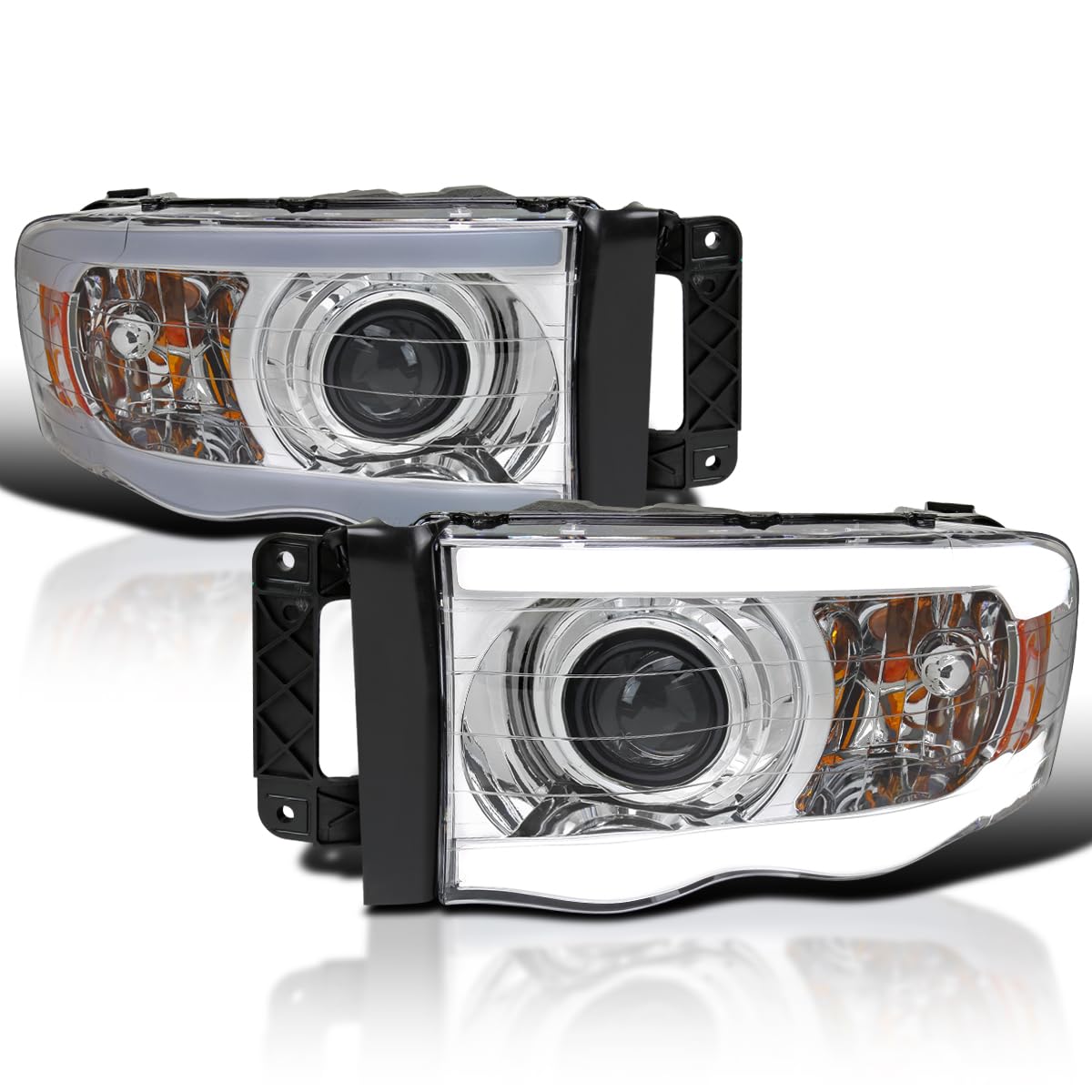 Chrome LED Tube Projector Headlights SPEC-D TUNING Compatible with 2002-2005 Dodge Ram 1500, 2003-2005 Dodge Ram 2500/3500, Left + Right Pair Headlamps Assembly