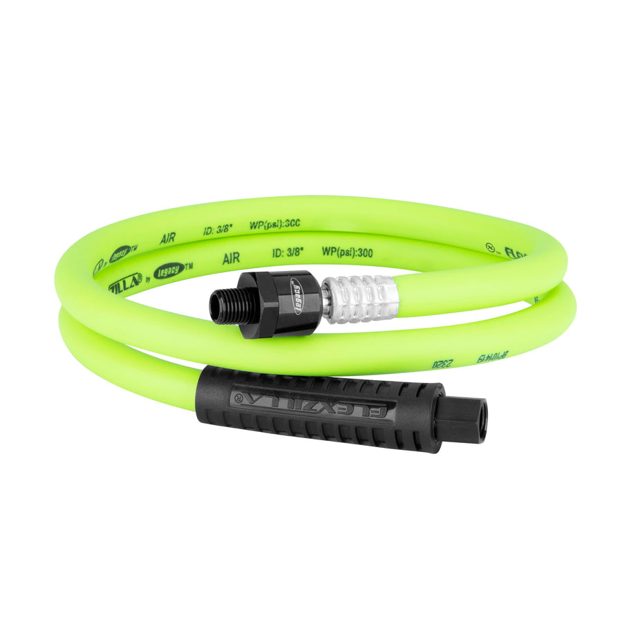 Swivel Whip Air Hose Flexzilla, 3/8 in. x 4 ft. (1/4" MNPT Ball Swivel x 1/4" FNPT Ends), Heavy Duty, Lightweight, Hybrid, ZillaGreen - HFZ3804YW2B