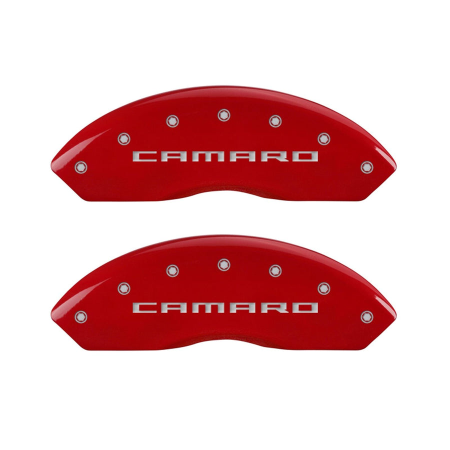 Caliper Covers MGP Compatible with 2016-2024 Chevy Camaro (Fits 18"+ Wheels & Standard JL9 Brakes) Powder-Coated Finish, 4 PCS Front and Rear (Red - Camaro/RS Engraving)