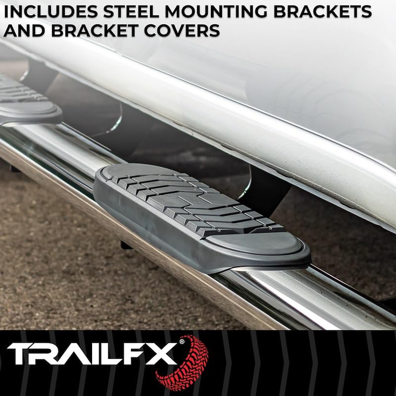 Toyota Tundra CrewMax TrailFX A7078S Truck Running Board Fits 2007-2021 Oval 5 Inch Bent Side Bars with Step Pads, Polished Stainless Steel, Welded End Caps, Rocker Panel Mount