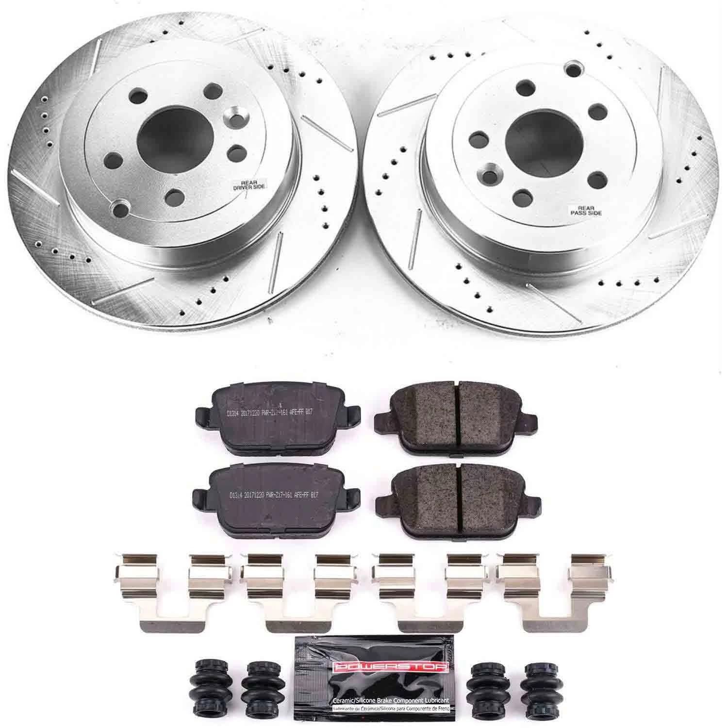Power Stop K5653 Z23 Carbon Fiber Brake Pads Rear with Drilled & Slotted Brake Rotors Kit For Land Rover LR2 2008-2012 [Model Specific]