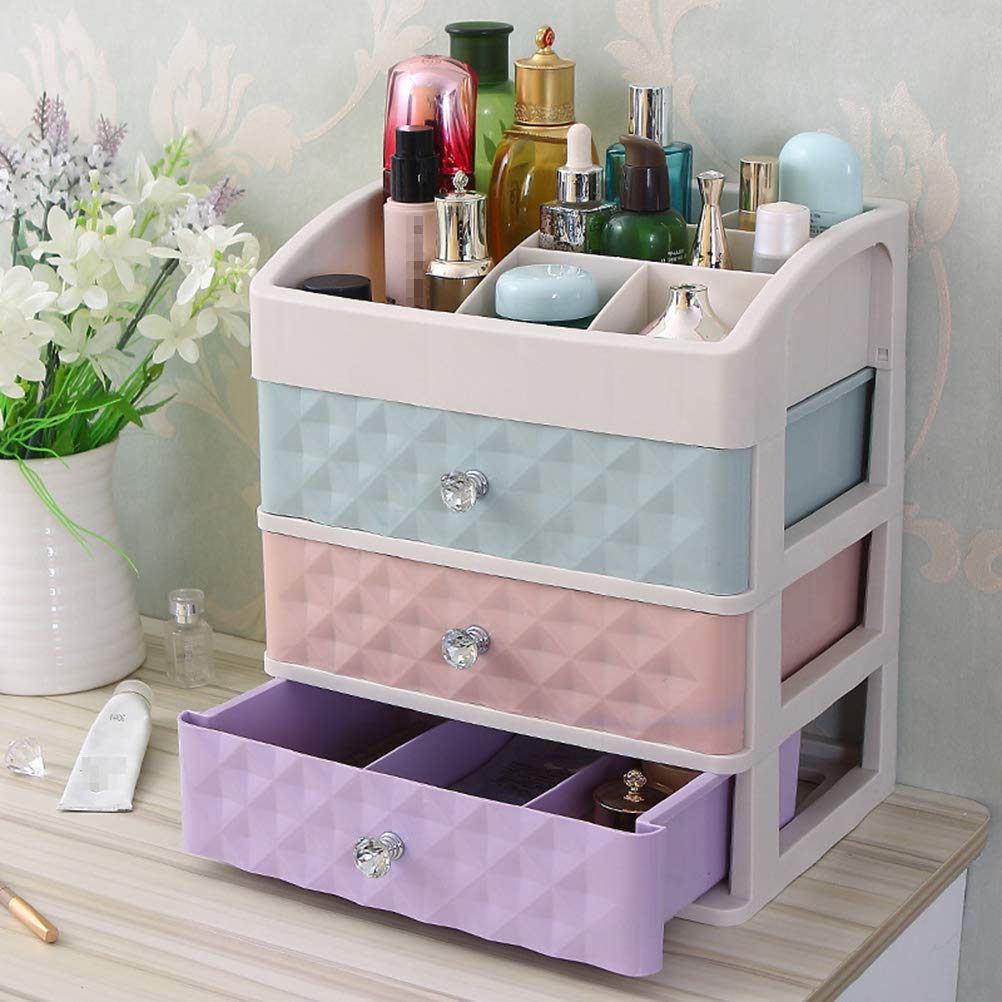 Make Up CABILOCK Organiser 3-Tier Multifunctional Saving Space Desktop Comestics Toiletry Organizer Makeup Storage Box with Drawers (Colorful)