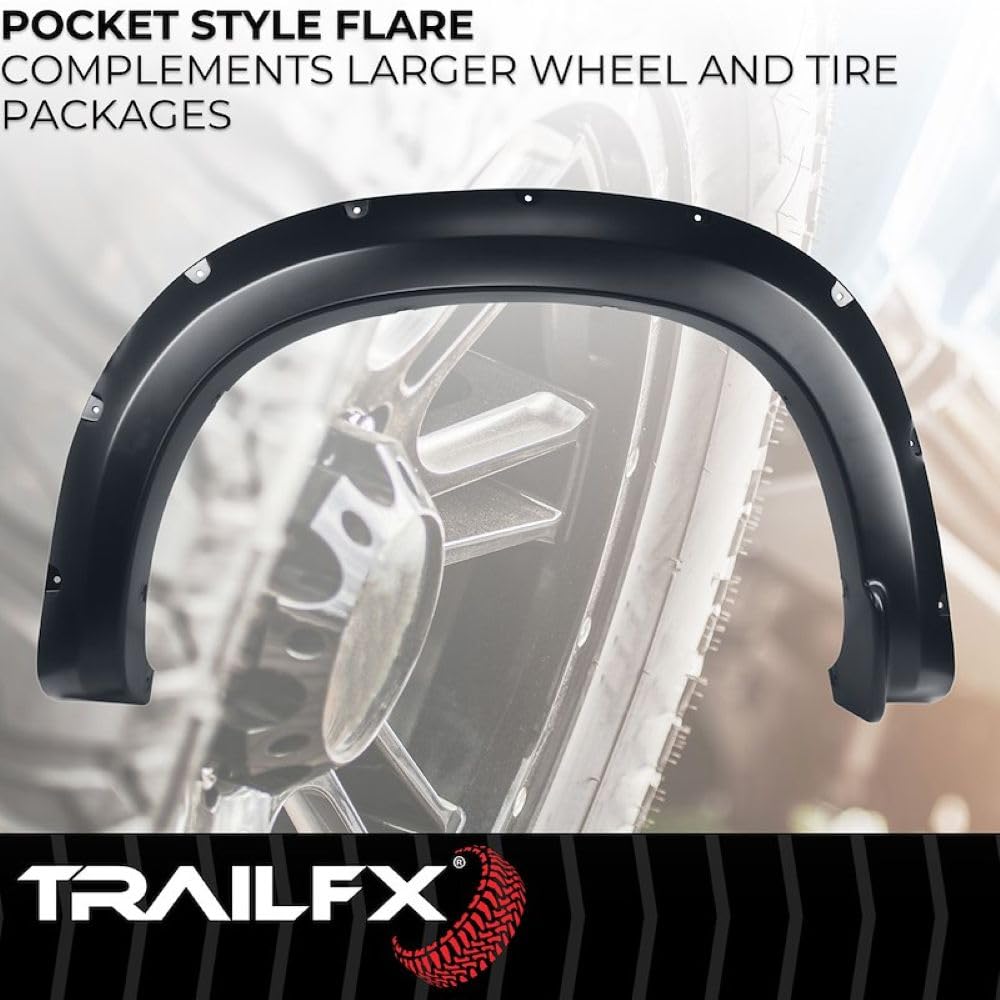 TrailFX Pocket Style TFC3005S Fender Flares for Chevrolet Silverado 1500 2019-2025 Black Smooth Paintable Polypropylene Set of 4 with Stainless and Black Steel Rivets