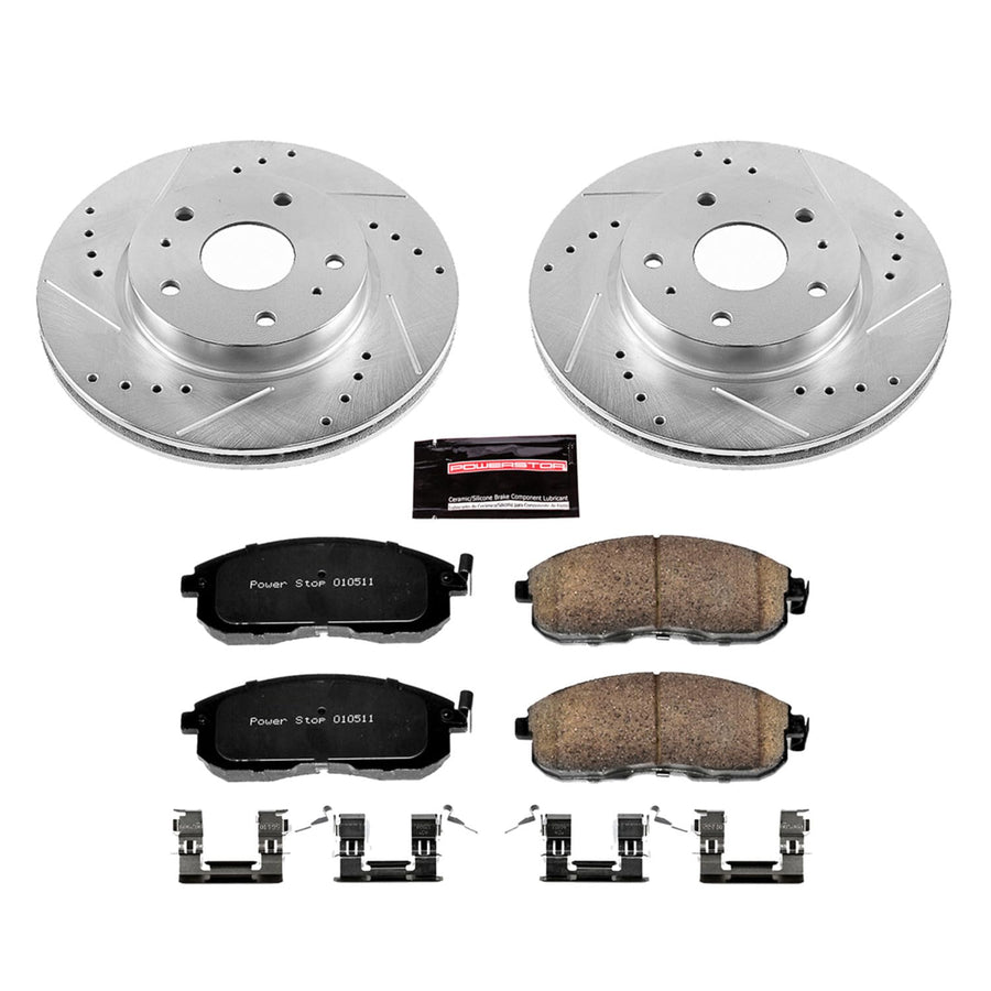 Power Stop K5887 Z23 Carbon Fiber Brake Pads Front with Drilled & Slotted Brake Rotors Kit For Suzuki SX4 2007-2013 [Model Specific]