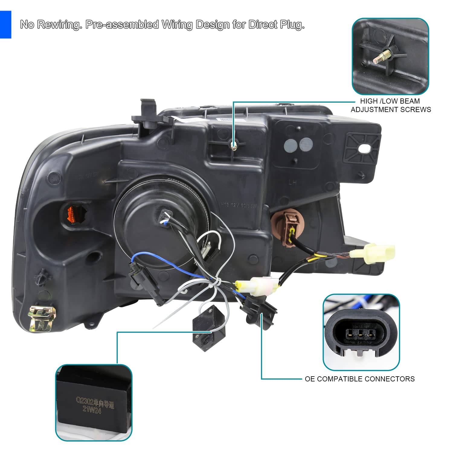 Smoke LED Tube Bar Projector Headlights Spec-D Tuning Compatible with 2004-2008 Ford F-150, 2006-2008 Lincoln Mark LT, Left + Right Pair Headlamps Assembly