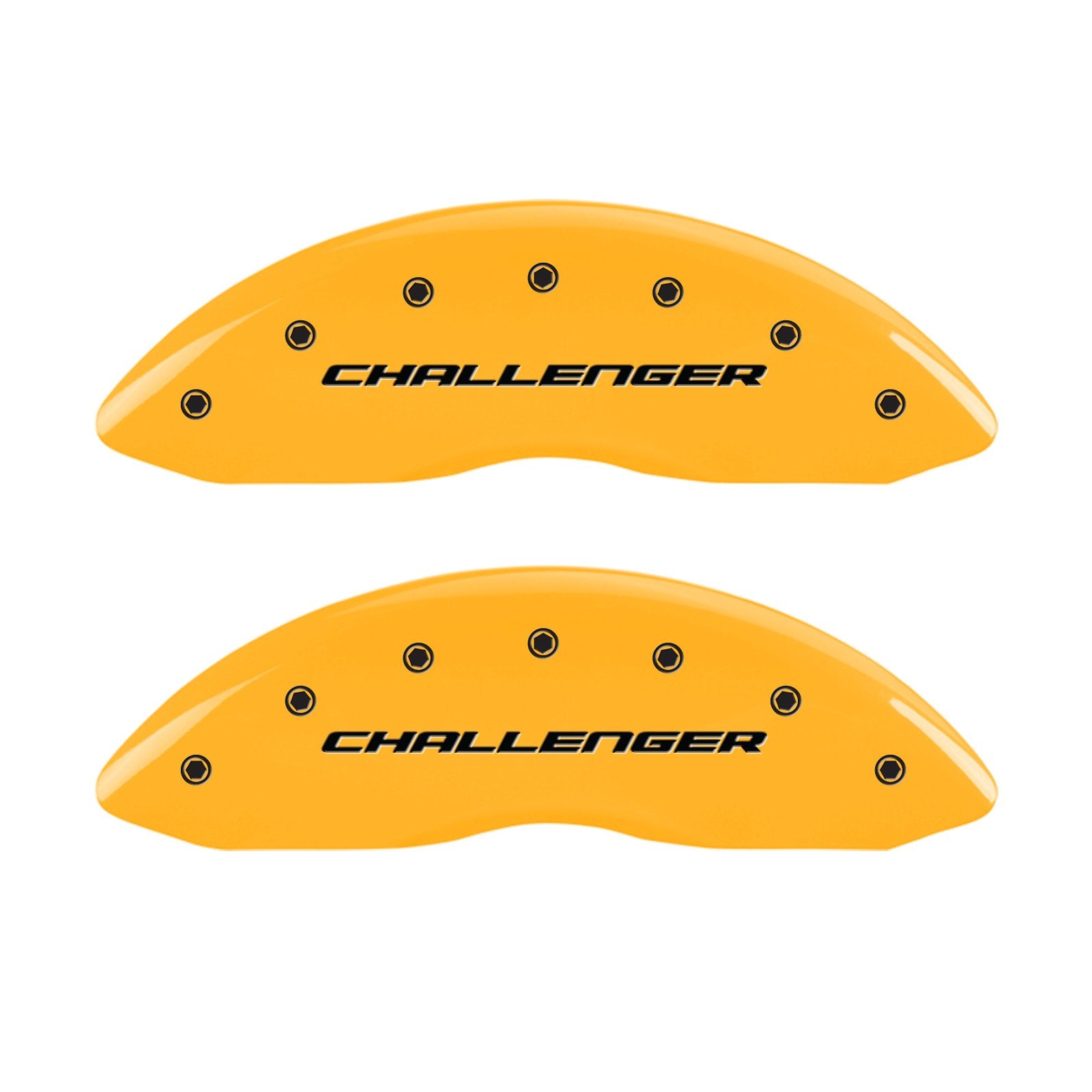 Brake Caliper Covers for 2011-2023 Dodge Challenger & 2011-2023 Dodge Charger - MGP Caliper Covers (Dual Piston Front Caliper) Front and Rear Set - Cursive CHALLENGER & R/T Vintage Logo (Yellow)
