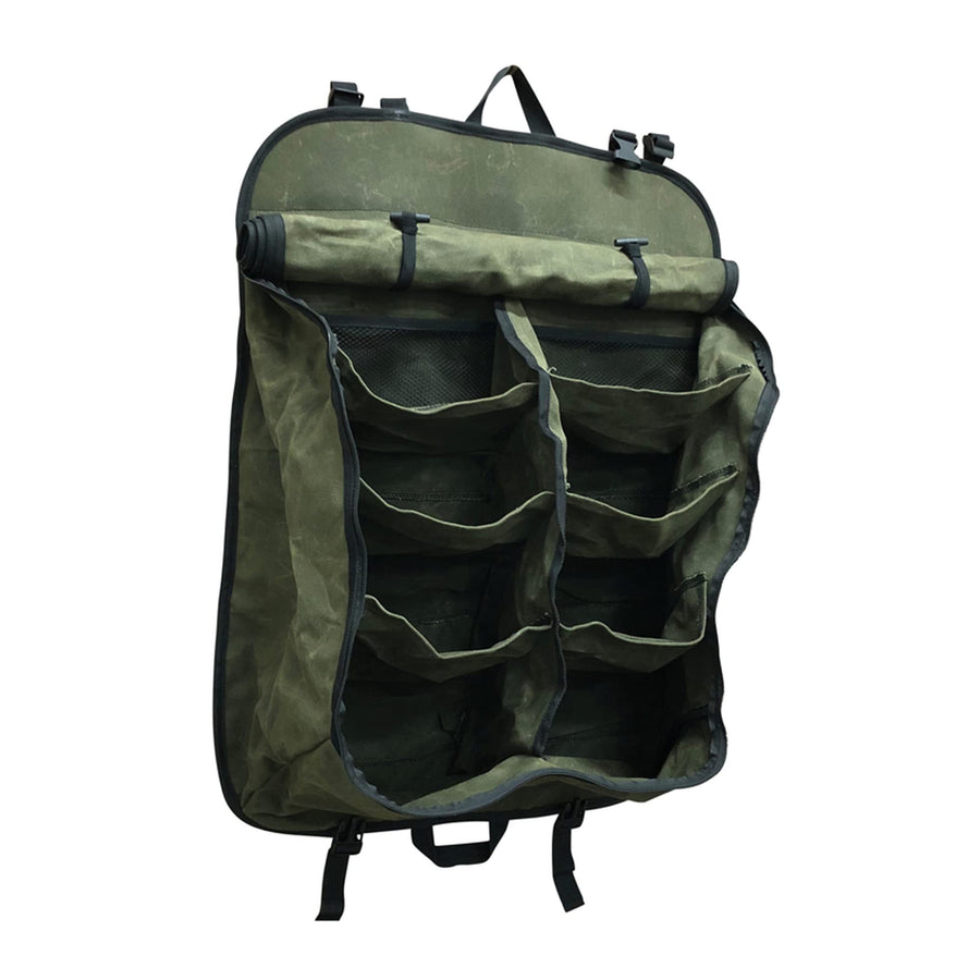 Camping Gear Storage Bag - Overland Vehicle Systems #16 Waxed Canvas - Infused with Paraffin Wax Waterproofing - 8 Storage Pockets for all your toiletries, clothes, shoes and camping gear.