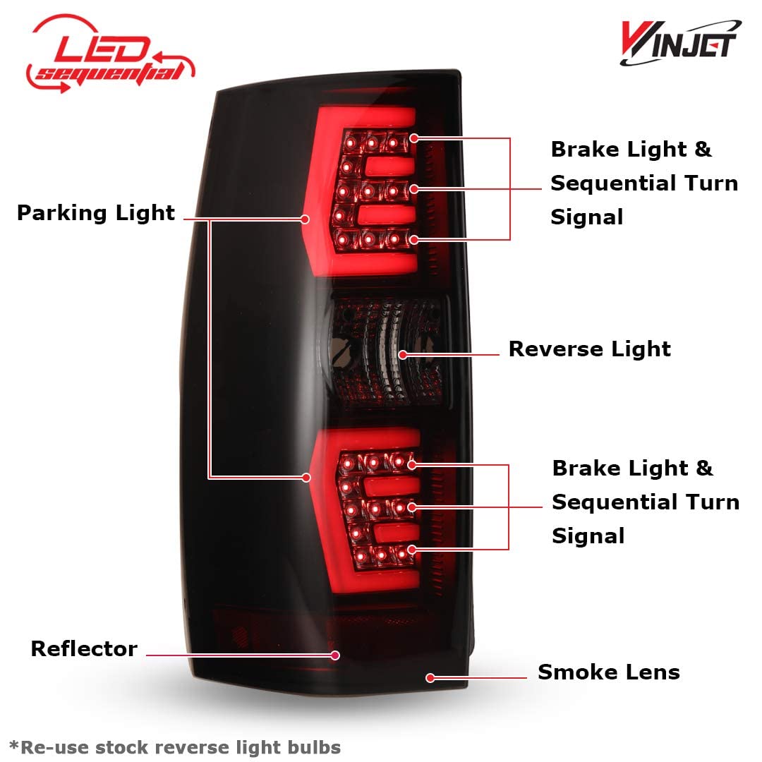 Winjet LED Sequential Tail Lights Compatible with [2007-2013 Chevy Suburban Tahoe Yukon] Rear Lamps (Smoke)