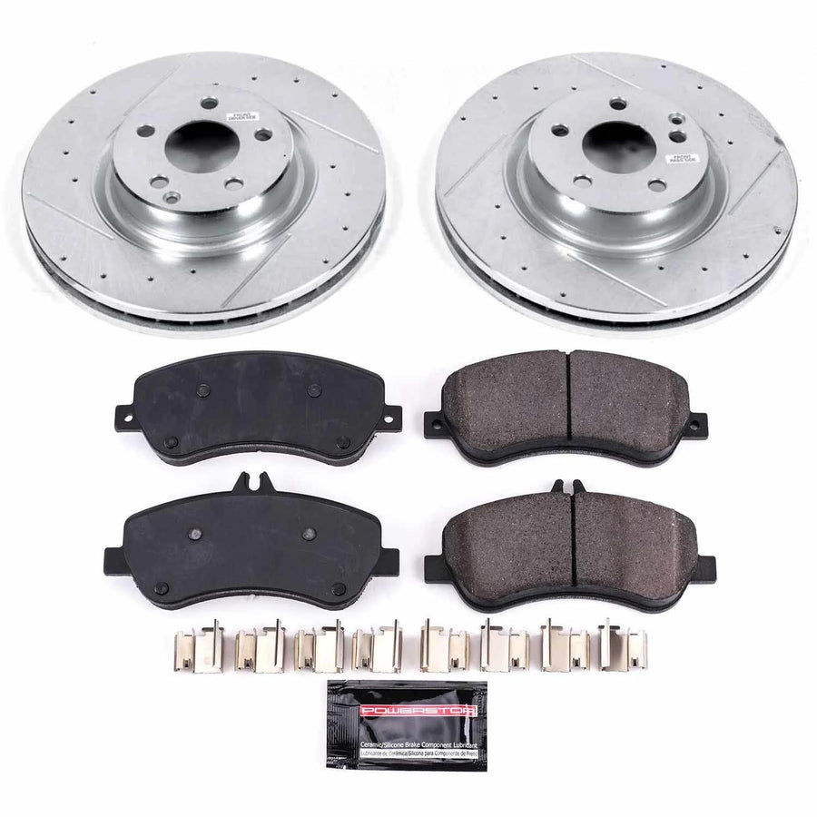Power Stop K6603 Z23 Carbon Fiber Brake Pads Front with Drilled & Slotted Brake Rotors Kit and 1 Front Sensor Wire
