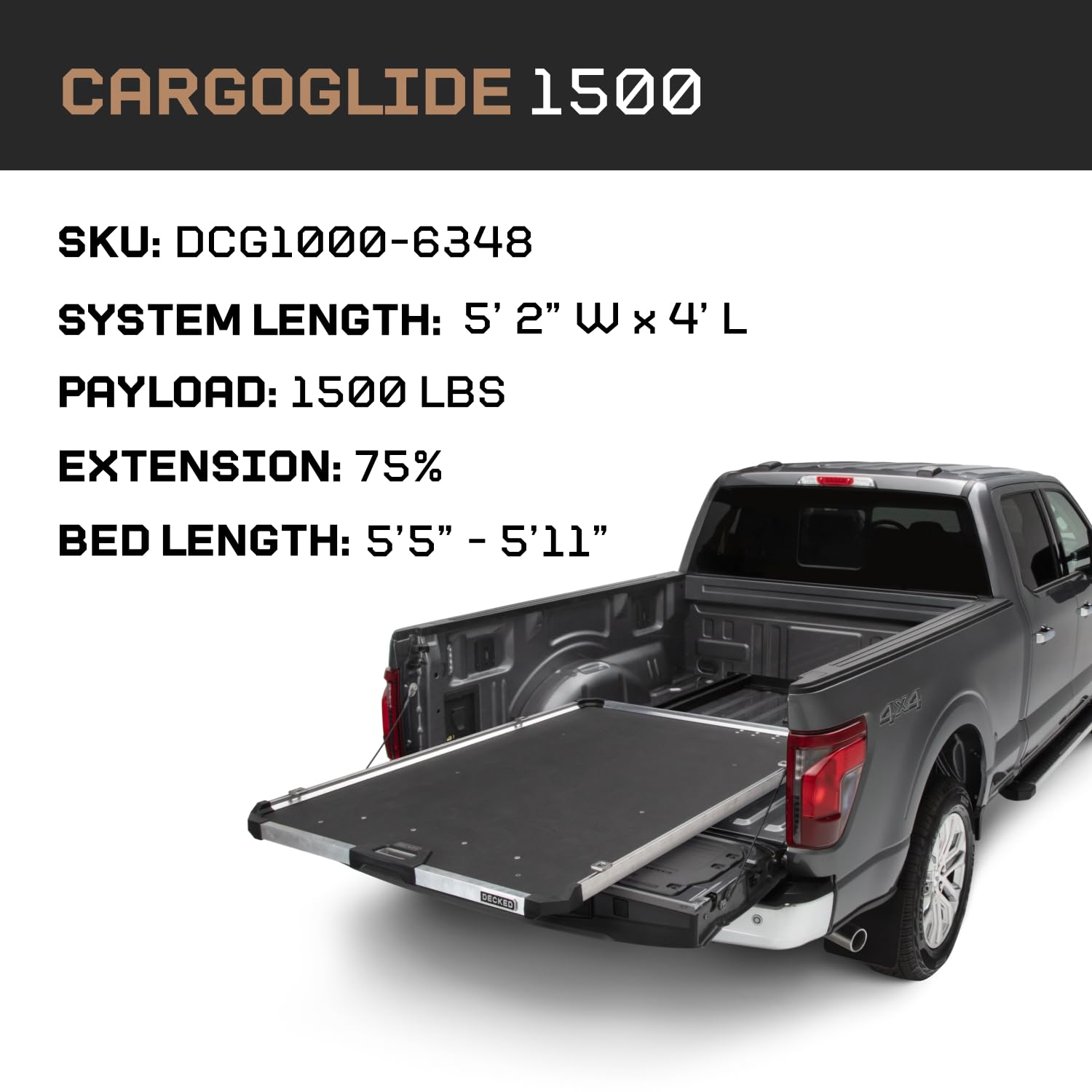 Truck Bed Slide CargoGlide – 1500 lb Capacity, 75% Extension – Heavy-Duty Pickup Cargo Slide for Easy Bed Access – Compatible with CargoGlide 1500/75% / 48" W / 63" L for Fullsize - Short