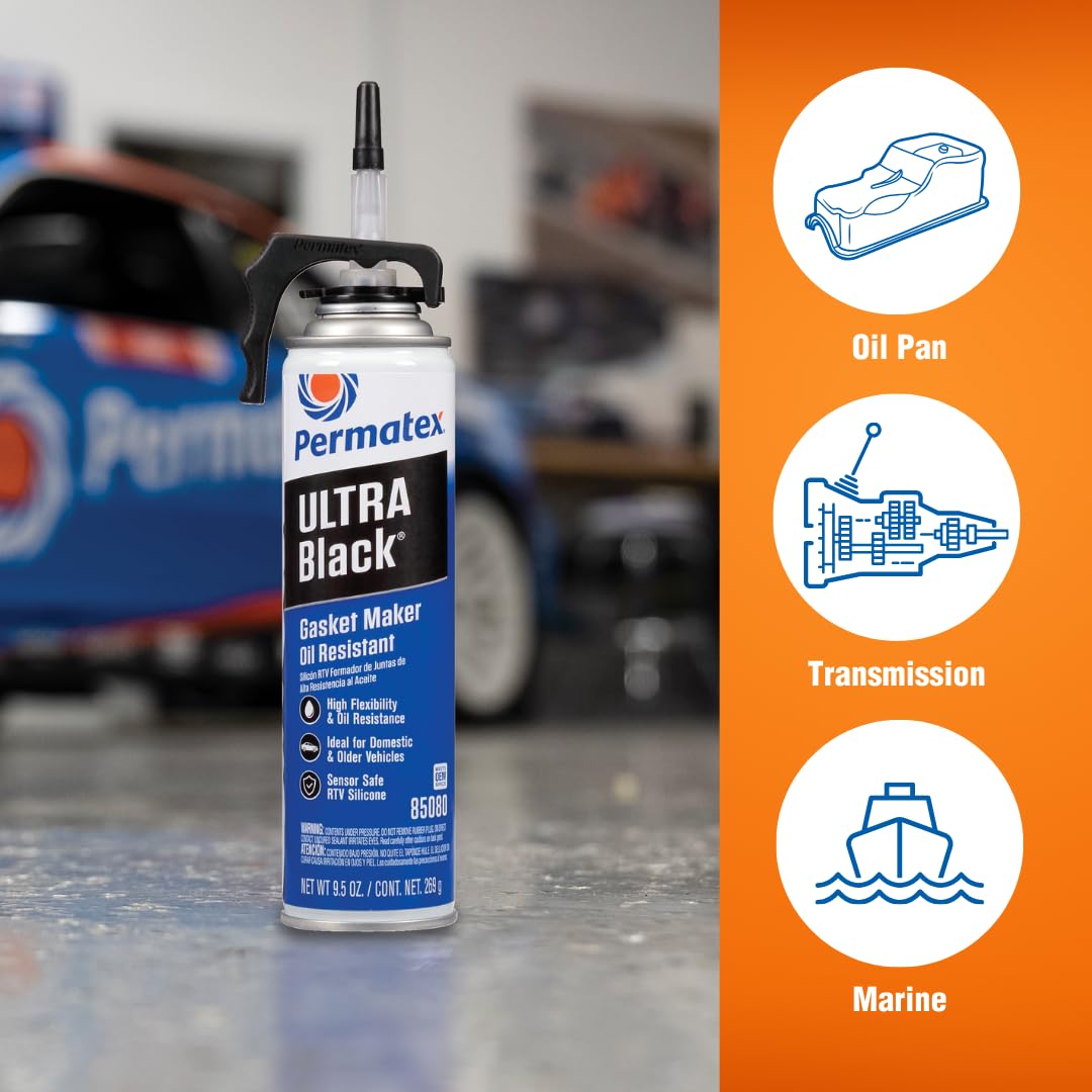 Ultra Black Permatex 85080 Maximum Oil Resistance RTV Silicone Gasket Maker, Sensor Safe And Non-Corrosive, For High Flex And Oil Resistant Applications 9.5 oz