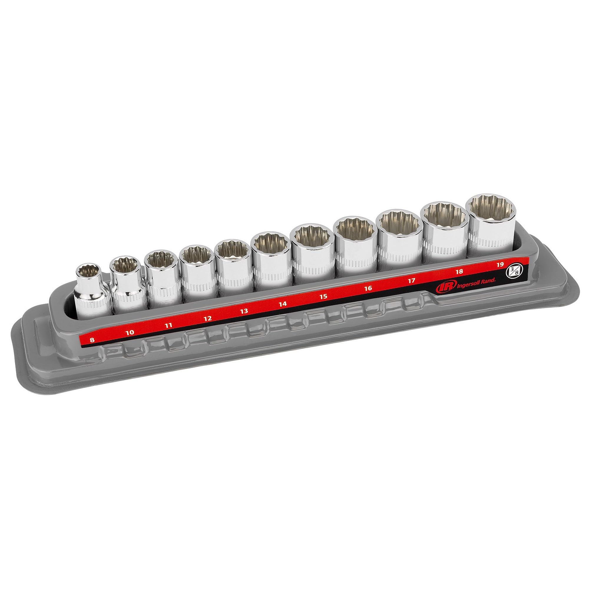 Ingersoll Rand 11-Piece Metric Shallow 3/8-Inch Drive Socket Set, 12-Point (8–19mm), Chrome Vanadium Steel, Mirror-Polish Finish, with Thermoform Organizer Tray – 752047