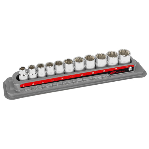 Ingersoll Rand 11-Piece Metric Shallow 3/8-Inch Drive Socket Set, 12-Point (8–19mm), Chrome Vanadium Steel, Mirror-Polish Finish, with Thermoform Organizer Tray – 752047