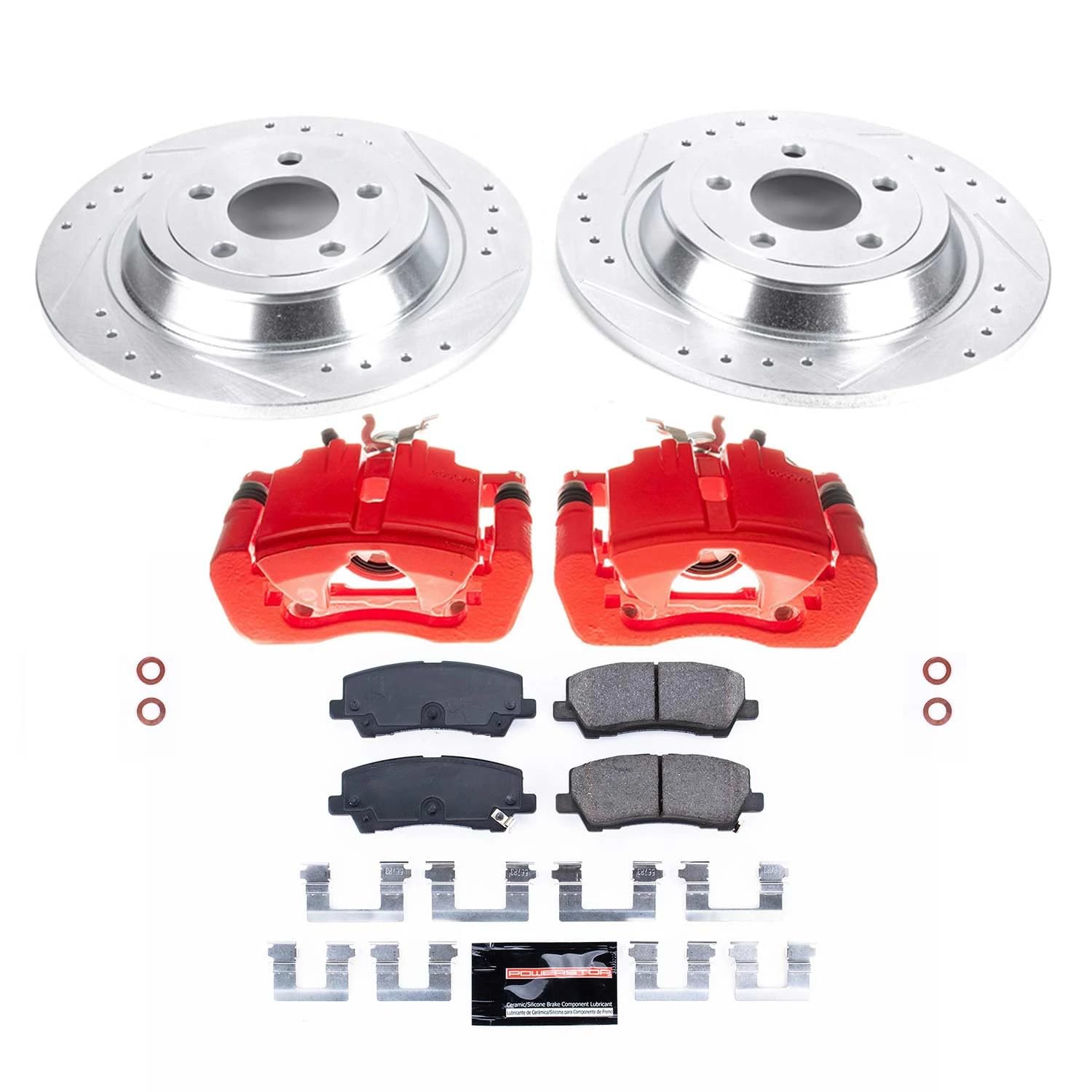 Power Stop Z23 RearBrake Caliper Kit-Drilled/Slotted Rotors, Carbon Ceramic Brake Pads, Calipers For Ford Mustang 2015-2019 [Model Specific]