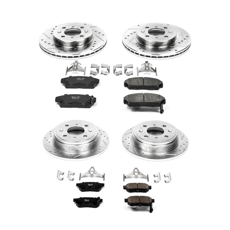 Power Stop K689 Z23 Carbon Fiber Brake Pads Front and Rear with Drilled & Slotted Brake Rotors Kit For Acura Integra 1990-1993, Honda Civic 1992-1993 [Model Specific]