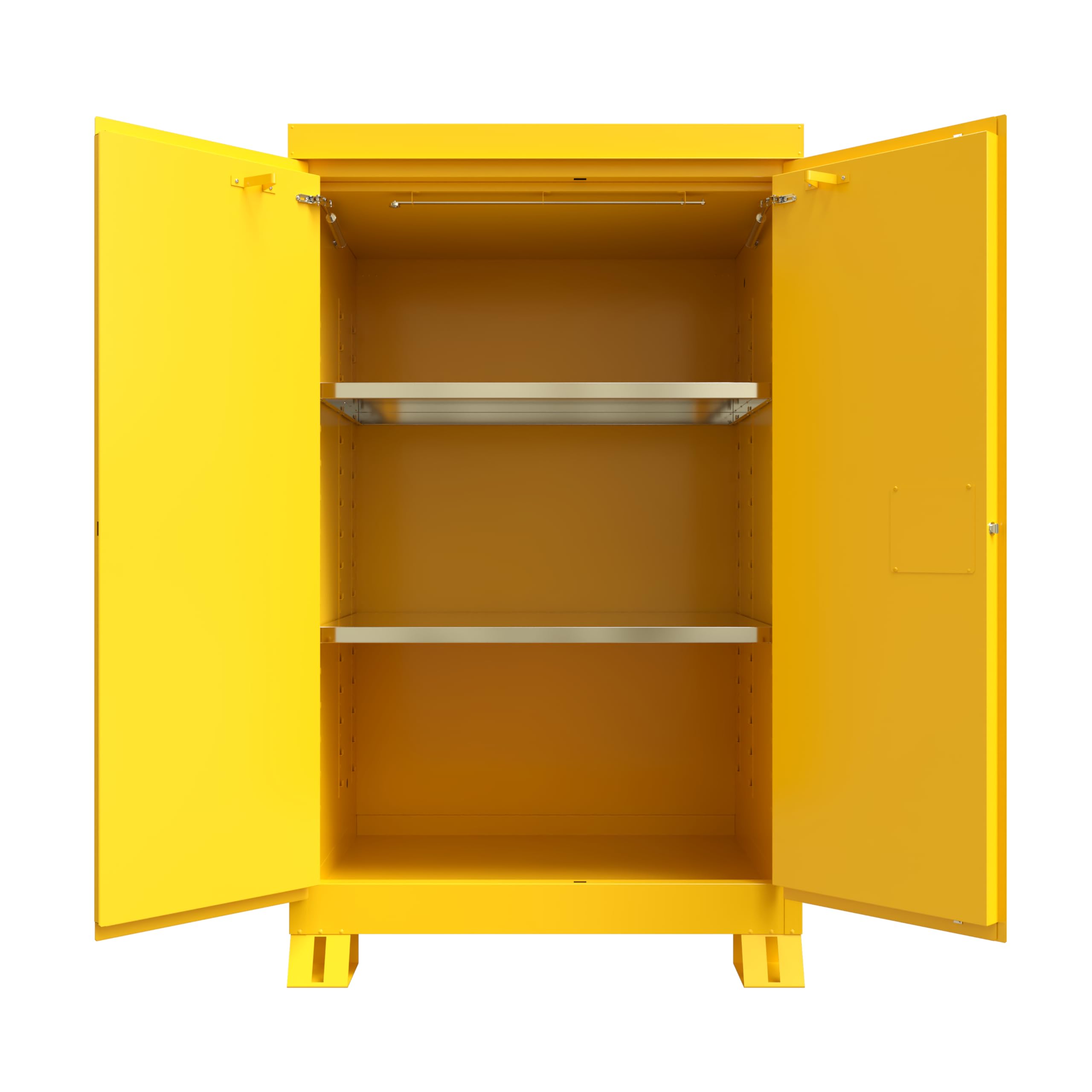 Justrite Outdoor Reinforced Steel Flammable Liquid Storage Cabinet, 2 Shelves with 350 lb. Capacity, 2 Self-Close Door Fire Cabinet, 90 Gallon, 72" x 43" x 38", Yellow, 819020
