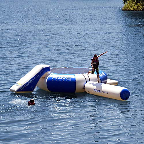 RAVE Sports Splash Zone Plus Inflatable Water Bouncer with Balancing Log and Slide, Boarding Platform, 12FT / 16FT, Anchor Harness, Durable Nylon Jump Surface, Recreational Swimming Fun