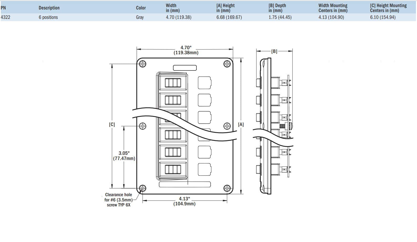 Water-Resistant Circuit Breaker Switch Panel Blue Sea Systems, Gray, 6 Positions