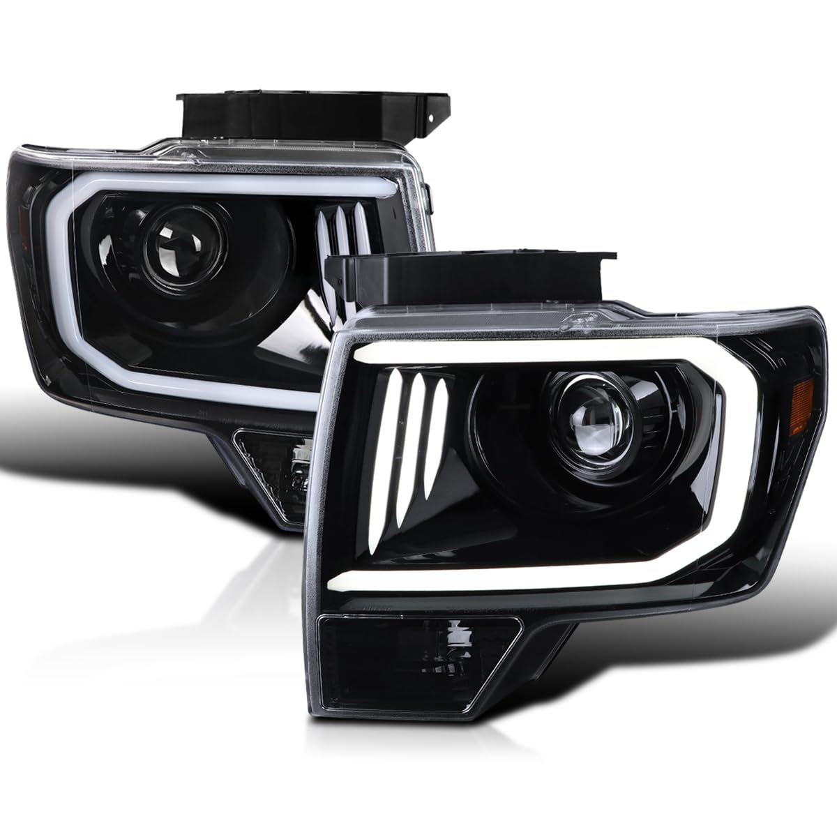 Jet Black SPEC-D TUNING Projector Headlights w/LED Tube Compatible with 2009-2014 Ford F150, Left + Right Pair Headlamps Assembly