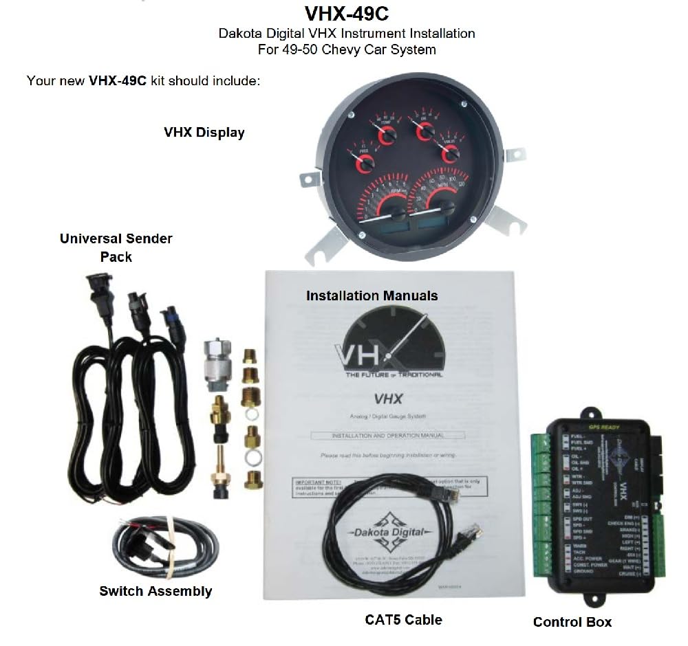 Dakota Digital VHX-49C-C-B Analog Gauge System with Carbon Fiber Style Compatible Chevy 1949-50 Car, Blue Backlighting