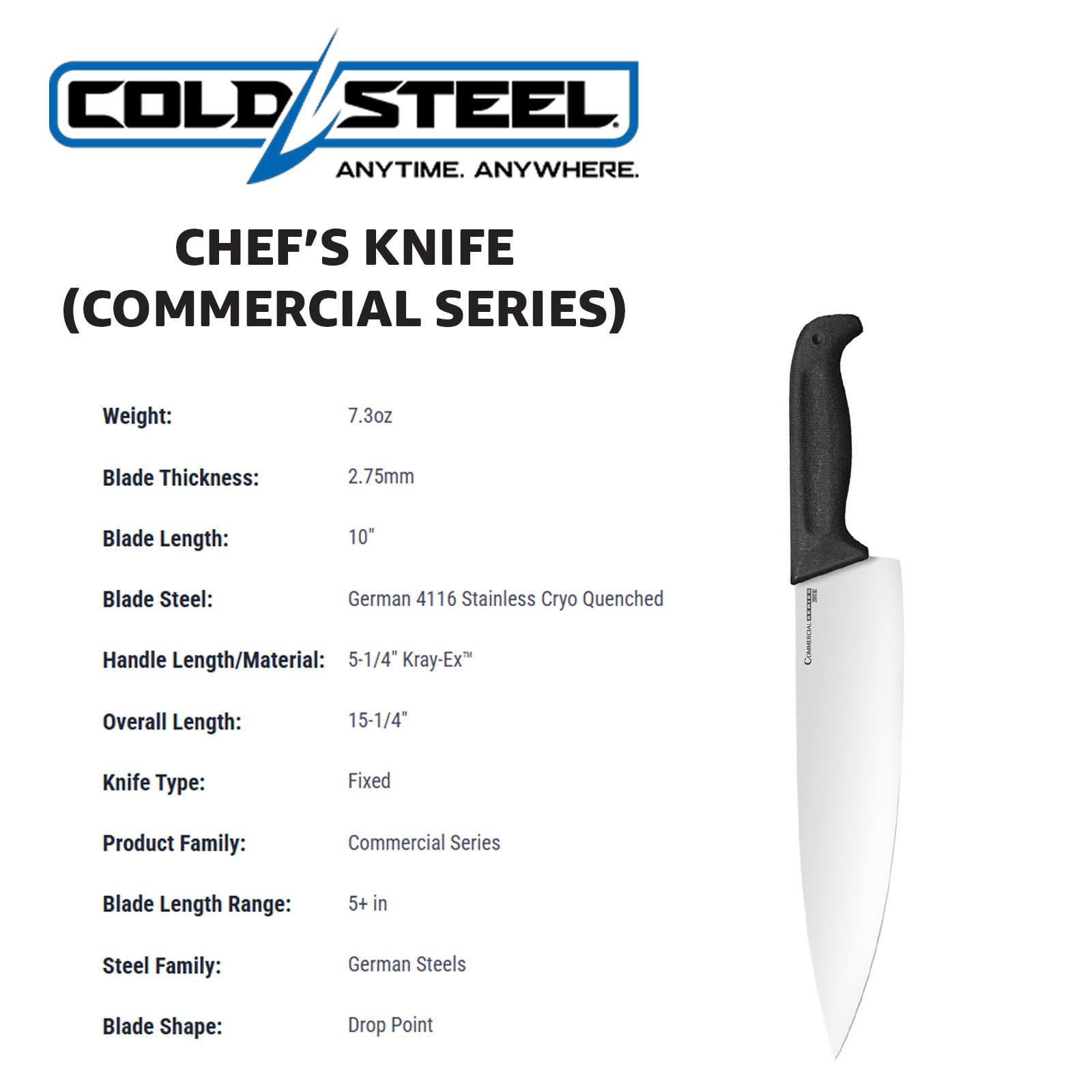 10" Cold Steel Chef's Knife | Durable German 4116 Stainless Steel Fixed Blade Knife with Ergonomic Non-Slip Handle | Versatile Design for Professional & Home Kitchens | Commercial Series