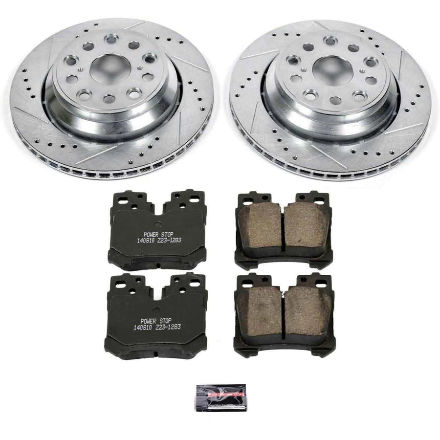 Rear Power Stop K4689 Z23 Carbon Fiber Brake Pads with Drilled & Slotted Brake Rotors Kit and 1 Rear Sensor Wire For Lexus LS460 2007-2009 [Model Specific]