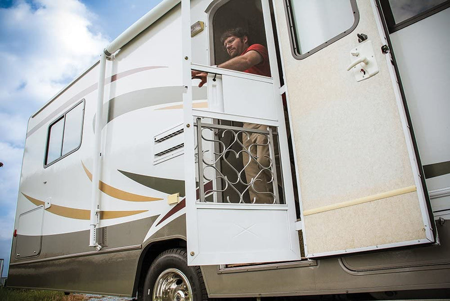 Camco RV Screen Door Grille Deluxe Aluminum | Adds a Sturdy Feel to The Door RV | Adjusts from 20-inches to 32-inches Wide | (43991)