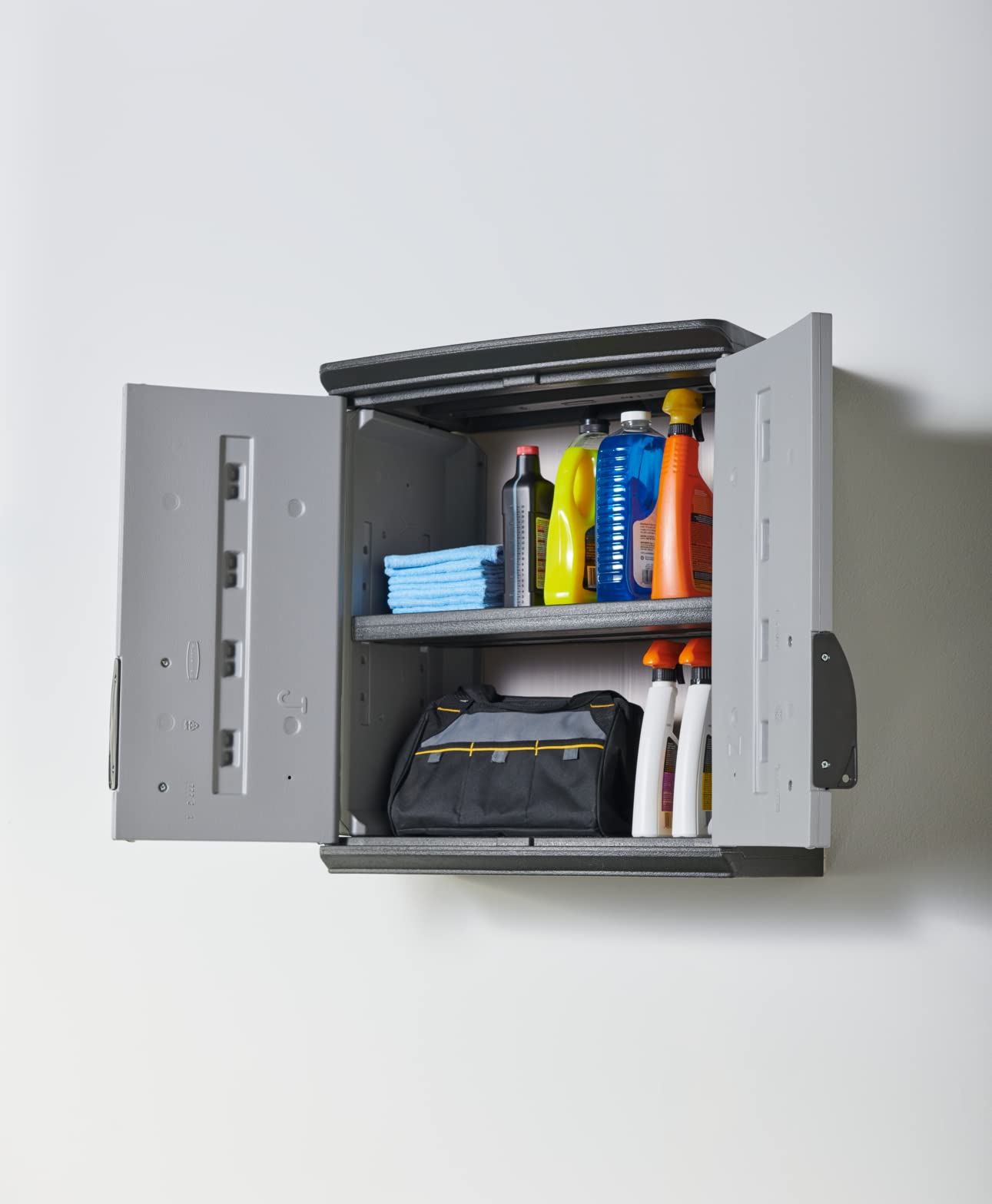 Rubbermaid Storage Cabinet Wall Mounted with Doors 150-Pound Capacity Gray Lockable Three-Shelf Cubbard for Tools/Car Accessories/Cleaning in Home/Garage/Outdoor Areas