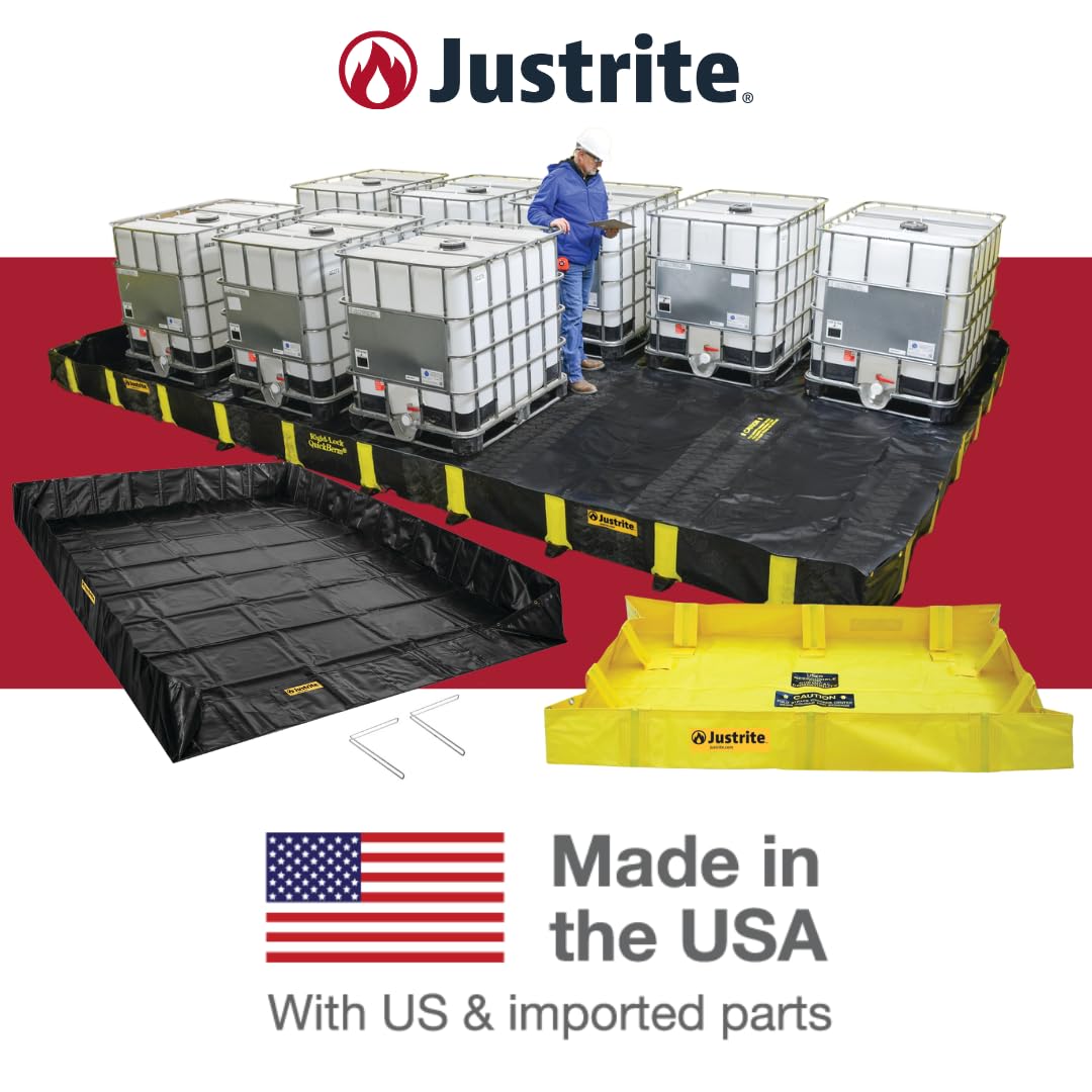 Justrite QuickBerm® Angle Bracket, 6' x 8' x 12" Large Oil Spill Containment Berm, 358 Gallon Spill Capacity, PVC Coated Fabric, Made in The USA, Black, 28069