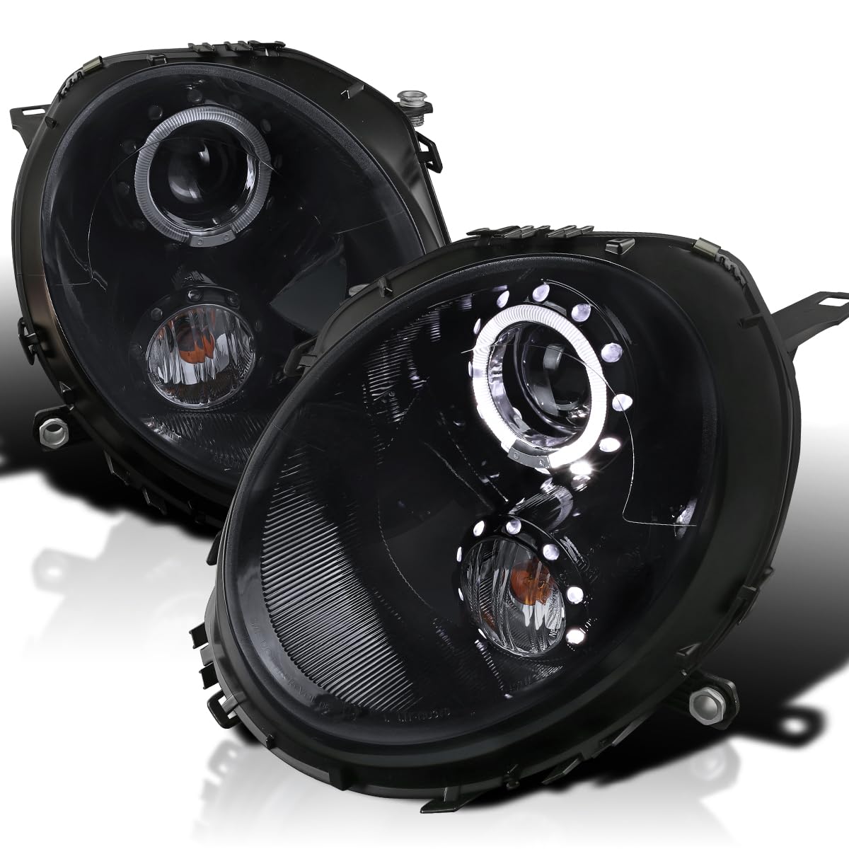 Glossy Black Smoke SPEC-D TUNING LED Halo Rim Projector Headlights Compatible with 2007-2013 R56 MINI Cooper Models, Left + Right Pair Headlamps Assembly