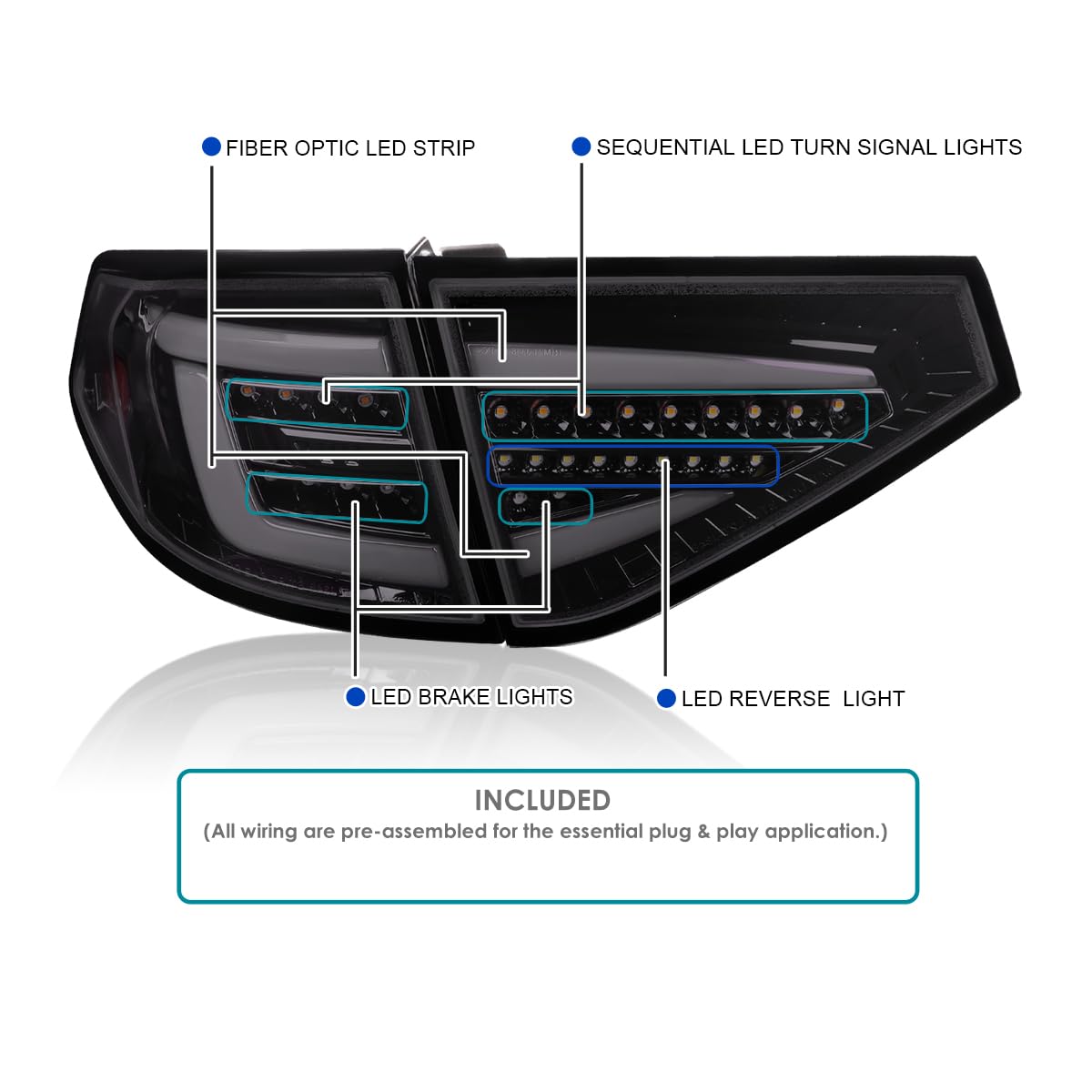 Black Smoke SPEC-D TUNING Sequential Tail Lights w/White LED Bar Compatible with 2008-2014 Subaru Impreza WRX Hatchback, Left + Right Pair Assembly