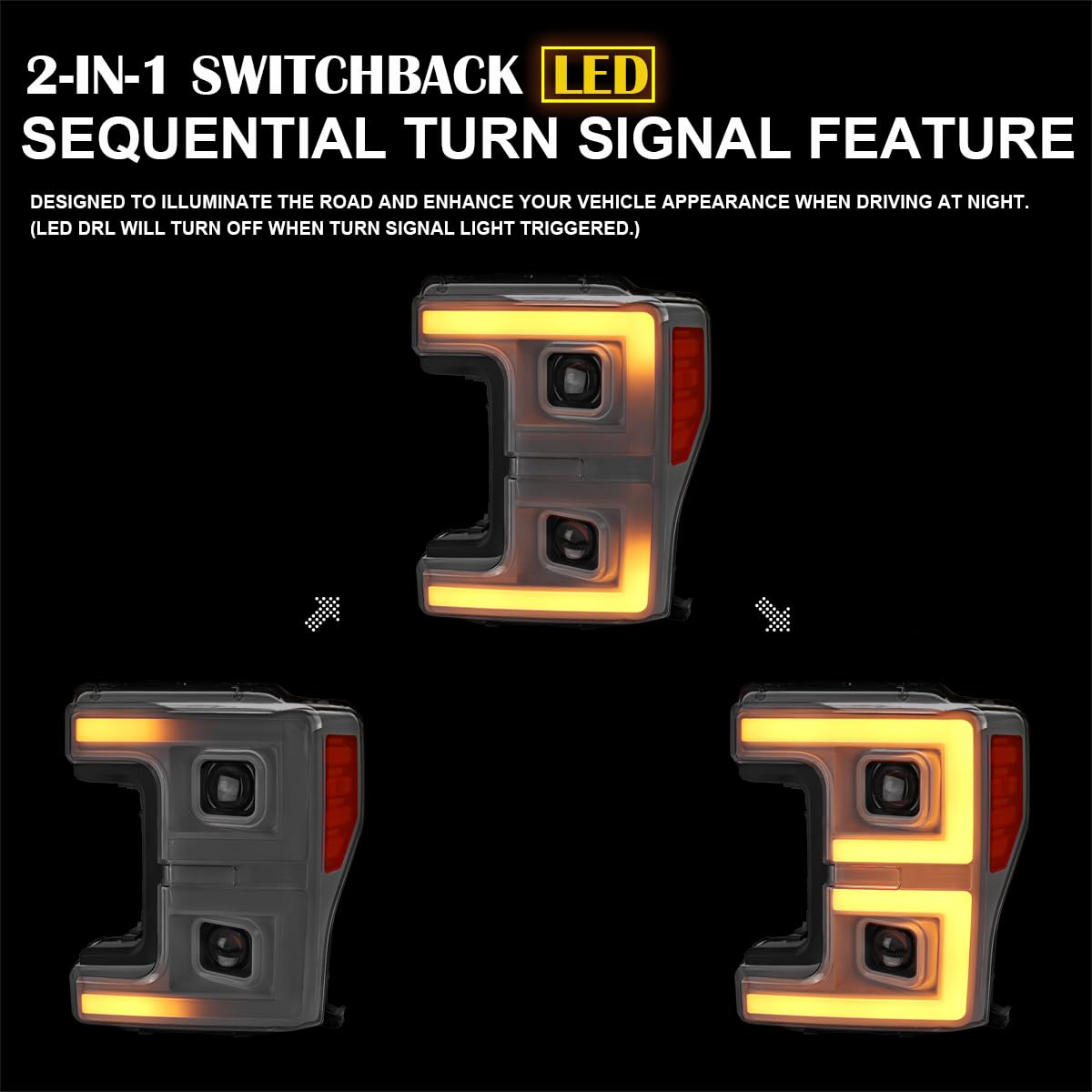 Special Edition SPEC-D TUNING Arctic White Projector Headlights w/LED Sequential Turn Signal Switchback Compatible with 2017-2019 Ford F-250/F-350/F-450/F-550 Super Duty, Left + Right Pair Assembly