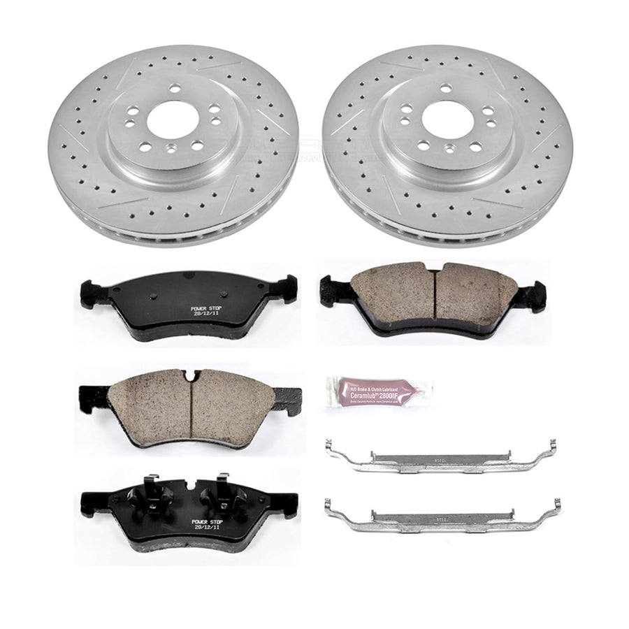 Power Stop K6709 Z23 Carbon Fiber Brake Pads Front with Drilled & Slotted Brake Rotors Kit and 1 Front Sensor Wire For ML320, ML350, ML450, ML500, R320, R350, R500 [Model Specific]
